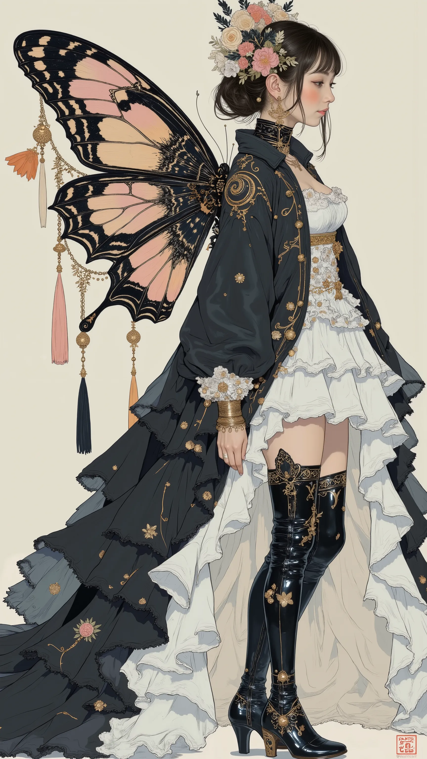 profile 、Profile、 forward bending position with jacket、Women's Carafe Butterfly Costume in a Black and White Dress, Exquisite and Handsome Feathers , Butterfly Wings, big, Beautifully open wings , Extremely Intricate Feathers !, with big wings ...