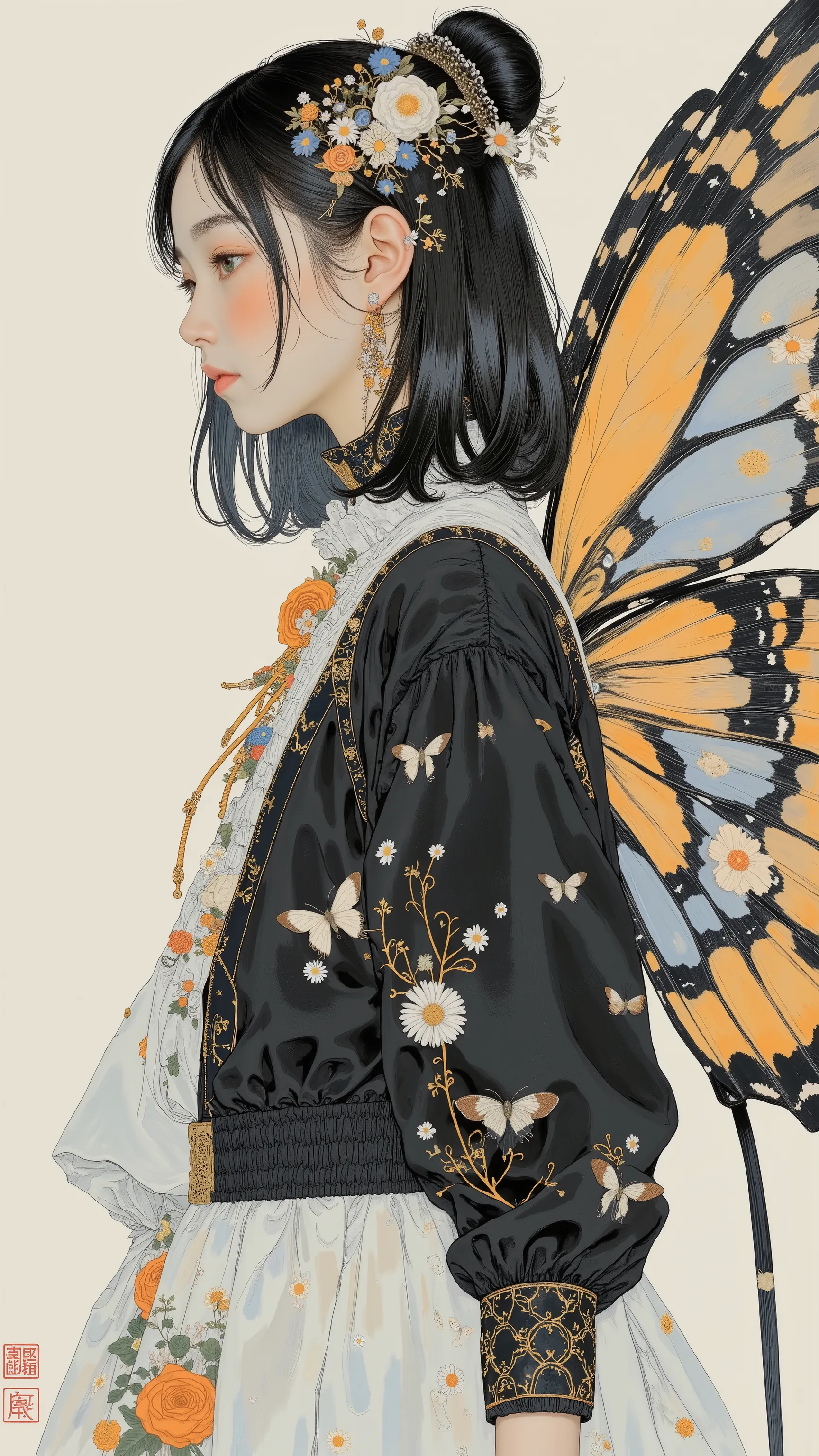 profile 、Profile、 forward bending position with jacket、Women's Carafe Butterfly Costume in a Black and White Dress, Exquisite and Handsome Feathers , Butterfly Wings, big, Beautifully open wings , Extremely Intricate Feathers !, with big wings ...