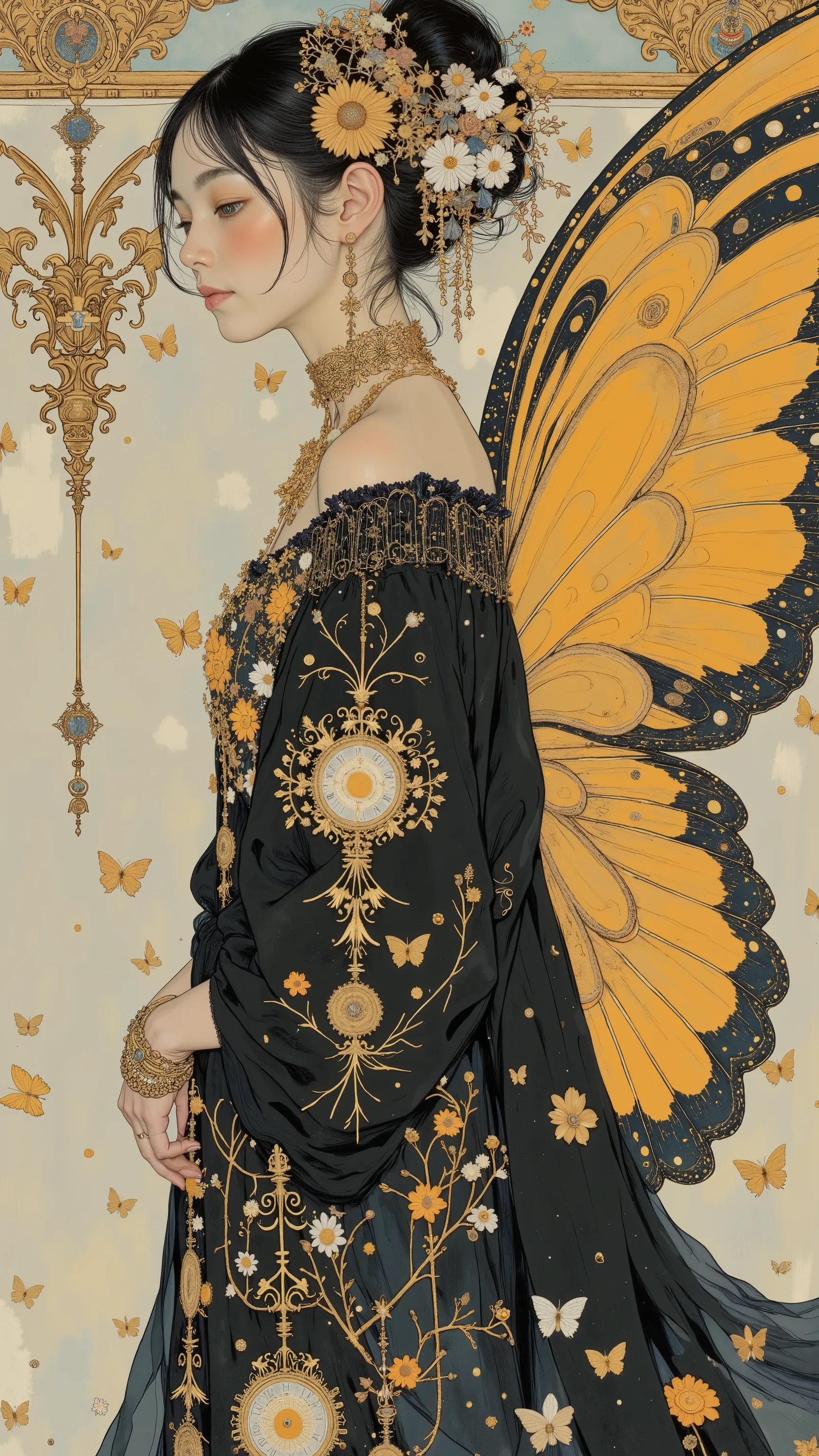 profile 、Profile、 forward slouching pose、Women's Carafe Butterfly Costume with Black and Gold Dress, Klimt Designs、 Exquisite and Handsome Feathers , Butterfly Wings, big, Beautifully open wings , Extremely Intricate Feathers !, with big wings ,...