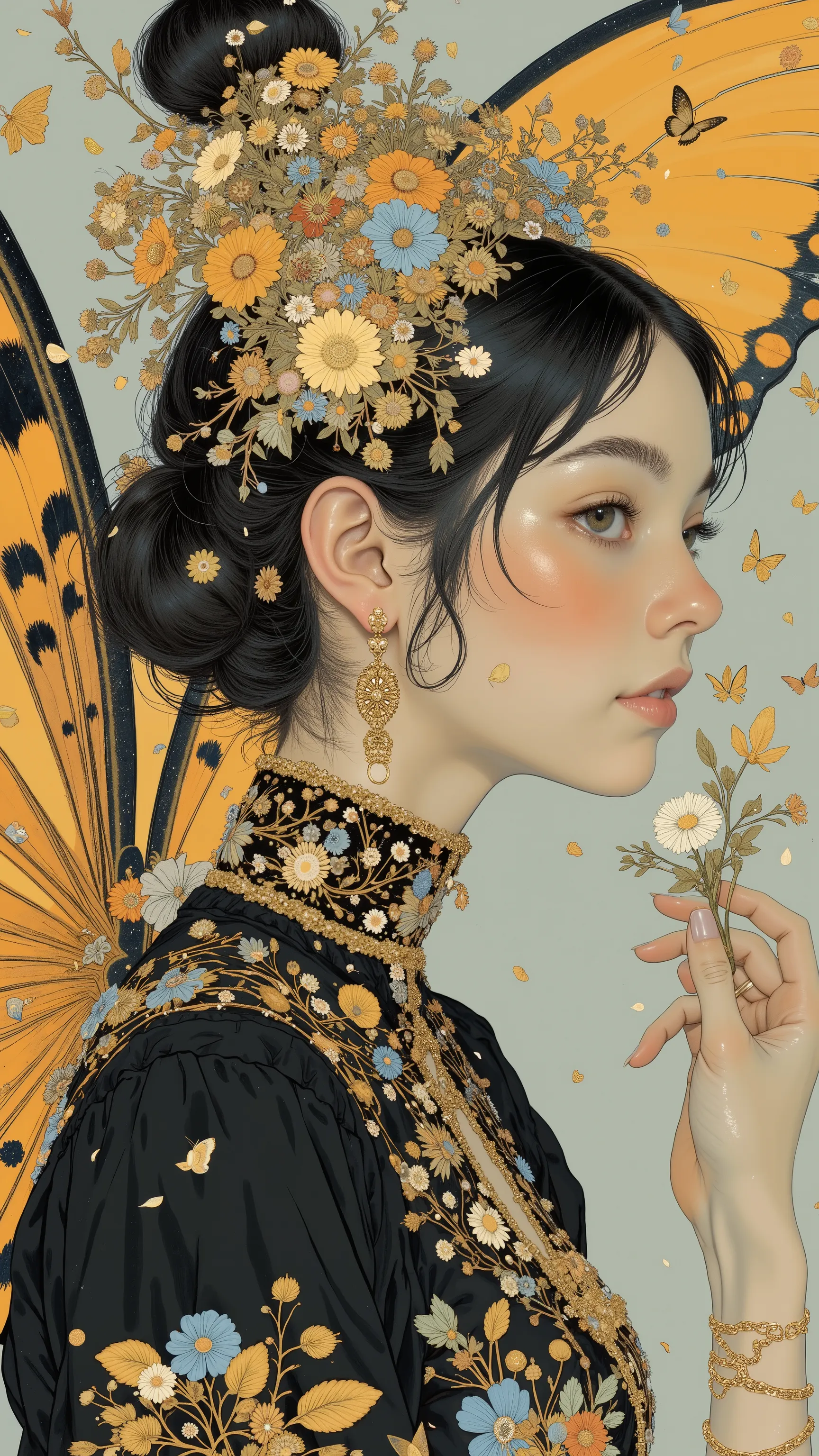 profile 、Profile、 forward slouching pose、Women's Carafe Butterfly Costume with Black and Gold Dress, Klimt Designs、 Exquisite and Handsome Feathers , Butterfly Wings, big, Beautifully open wings , Extremely Intricate Feathers !, with big wings ,...
