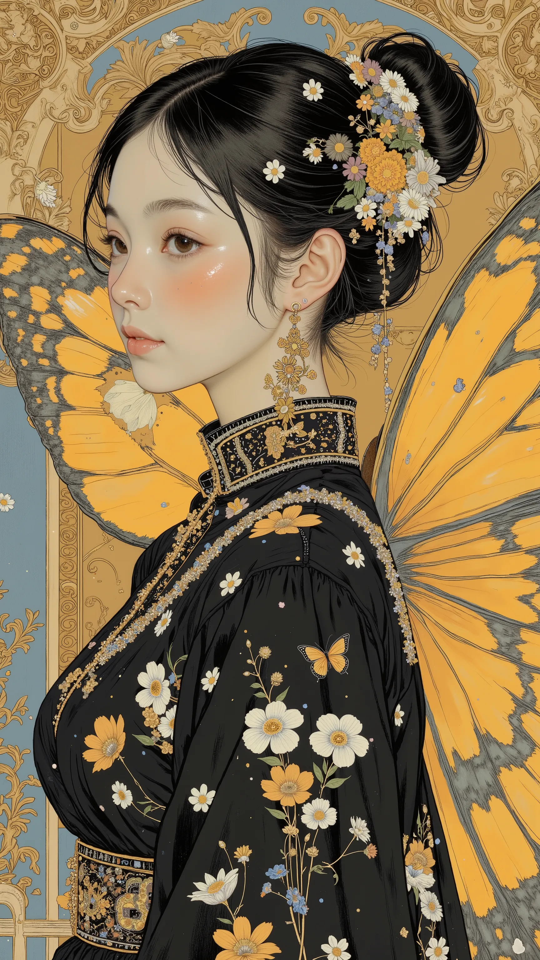 profile 、Profile、 forward slouching pose、Women's Carafe Butterfly Costume with Black and Gold Dress, Klimt Designs、 Exquisite and Handsome Feathers , Butterfly Wings, big, Beautifully open wings , Extremely Intricate Feathers !, with big wings ,...