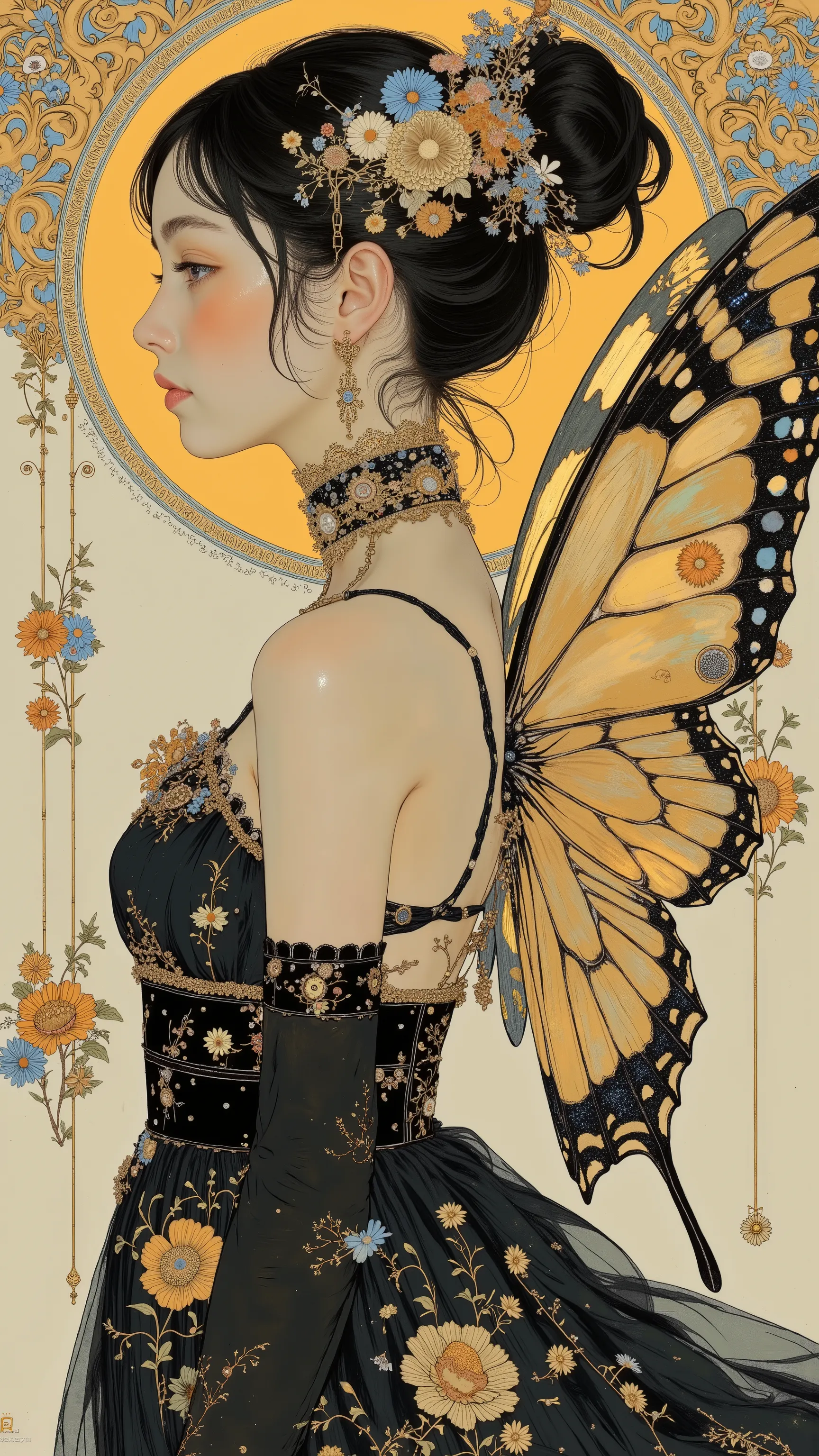 profile 、Profile、 forward slouching pose、Women's Carafe Butterfly Costume with Black and Gold Dress, Klimt Designs、 Exquisite and Handsome Feathers , Butterfly Wings, big, Beautifully open wings , Extremely Intricate Feathers !, with big wings ,...
