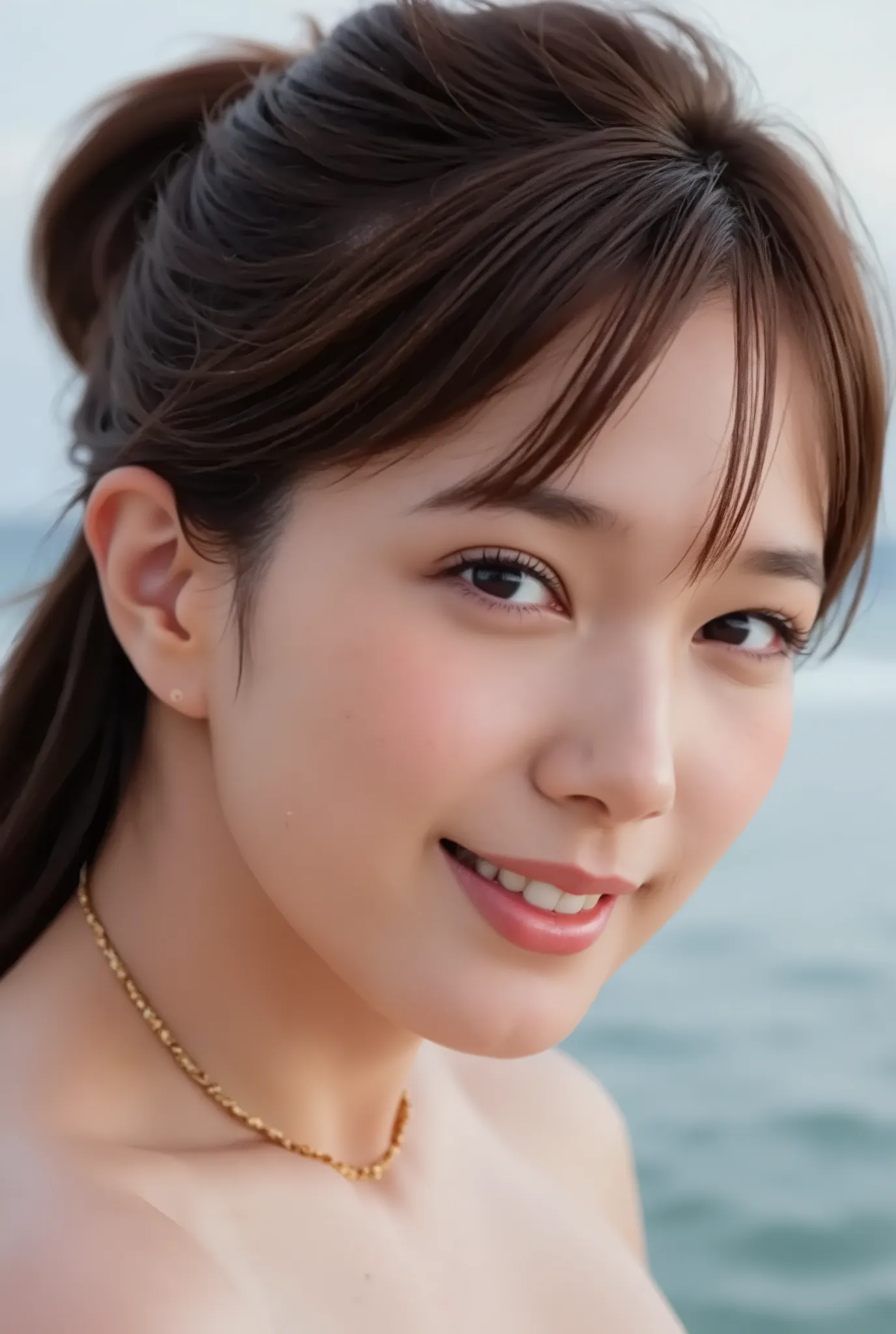 beautiful Japanese woman。A woman in no bikini is standing in an open stance。Nioh Riichi。 hand resting on waist 。 on the edge of the waves。Staring at viewers with a big smile showing teeth。Jet Black Hair。 low bun hair。very thin waist, no bra, no panties, no...