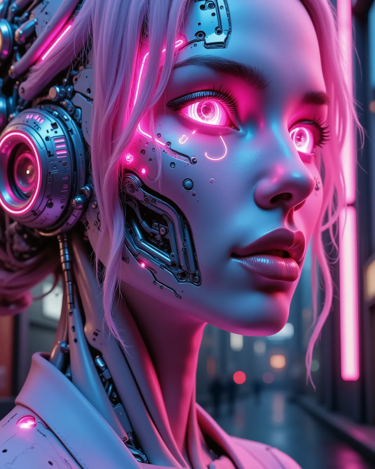 Ultra-realistic close-up portrait of a beautiful female cyborg in a futuristic cyberpunk world, facing slightly upward with a confident expression. Her skin is smooth and porcelain-like with subtle violet-blue tones reflecting glowing neon lights. Her eyes...