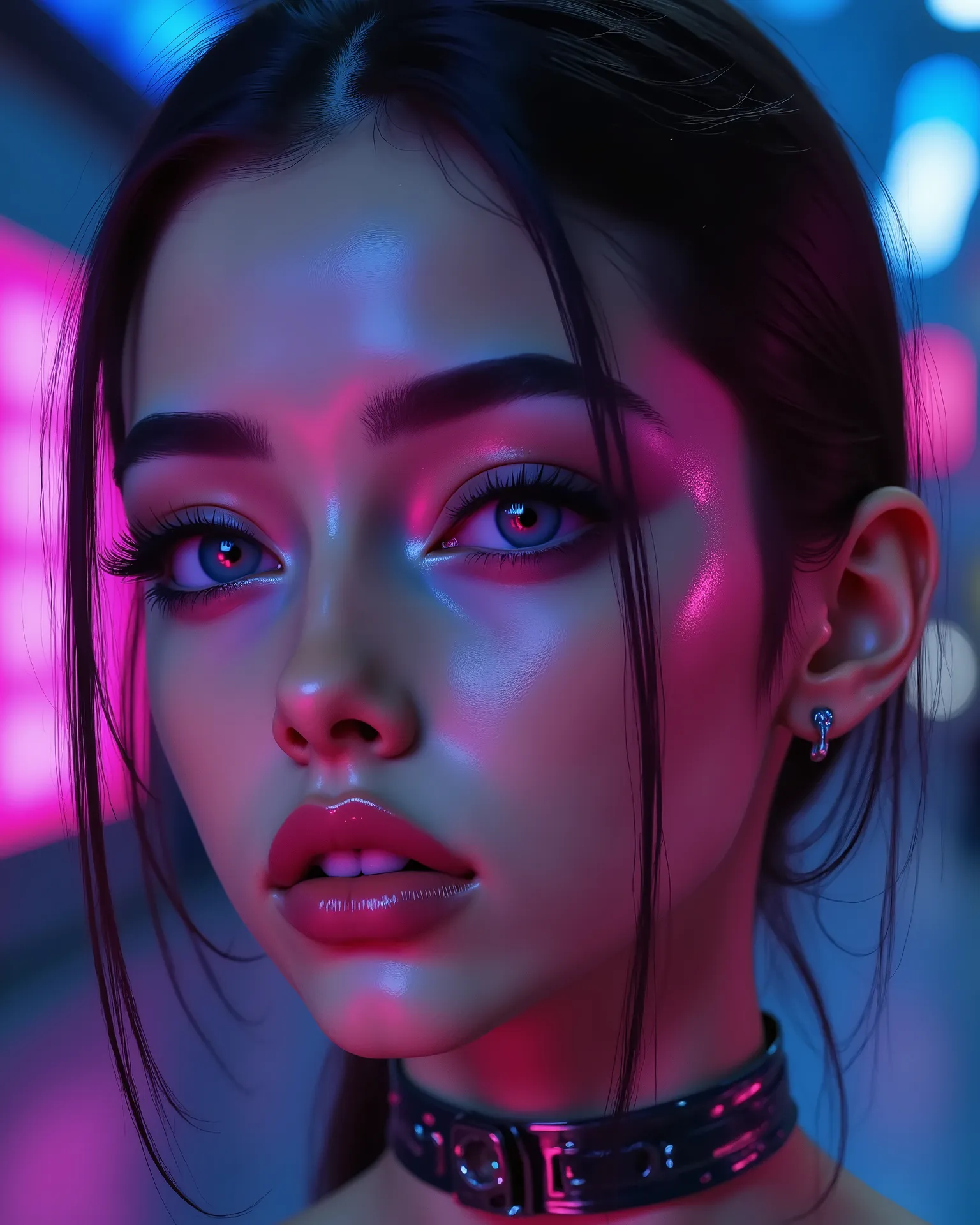 Ultra-realistic close-up portrait of a beautiful female cyborg in a futuristic cyberpunk world, facing slightly upward with a confident expression. Her skin is smooth and porcelain-like with subtle violet-blue tones reflecting glowing neon lights. Her eyes...