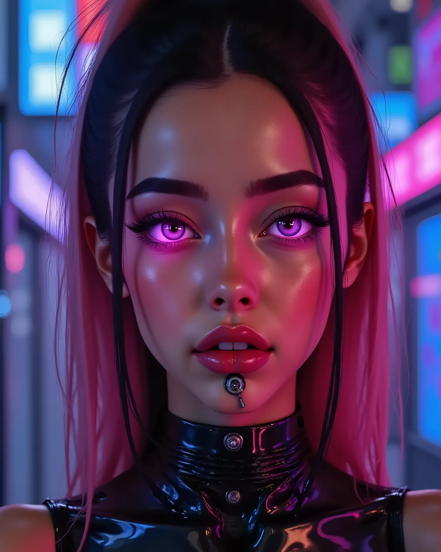 Ultra-realistic close-up portrait of a beautiful female cyborg in a futuristic cyberpunk world, facing slightly upward with a confident expression. Her skin is smooth and porcelain-like with subtle violet-blue tones reflecting glowing neon lights. Her eyes...