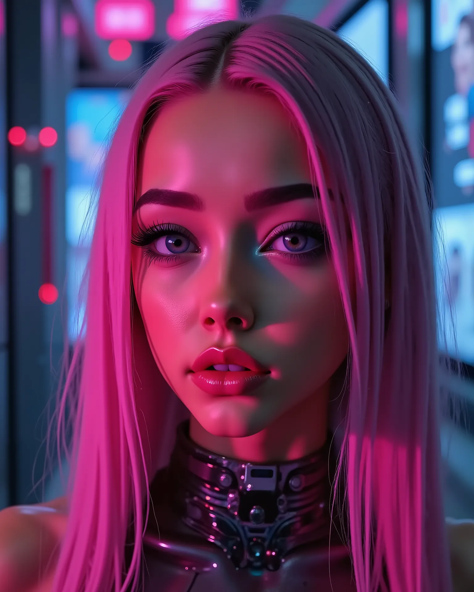 Ultra-realistic close-up portrait of a beautiful female cyborg in a futuristic cyberpunk world, facing slightly upward with a confident expression. Her skin is smooth and porcelain-like with subtle violet-blue tones reflecting glowing neon lights. Her eyes...