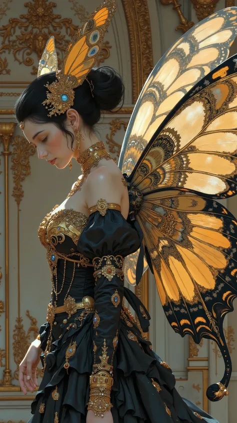 profile 、Profile、Head bowed forward posture、black and gold dress women's carafe butterfly costume, Exquisite and Handsome Feathers , Butterfly Wings, big, Beautifully open wings , Extremely Intricate Feathers !, with big wings , Intricate Cos...