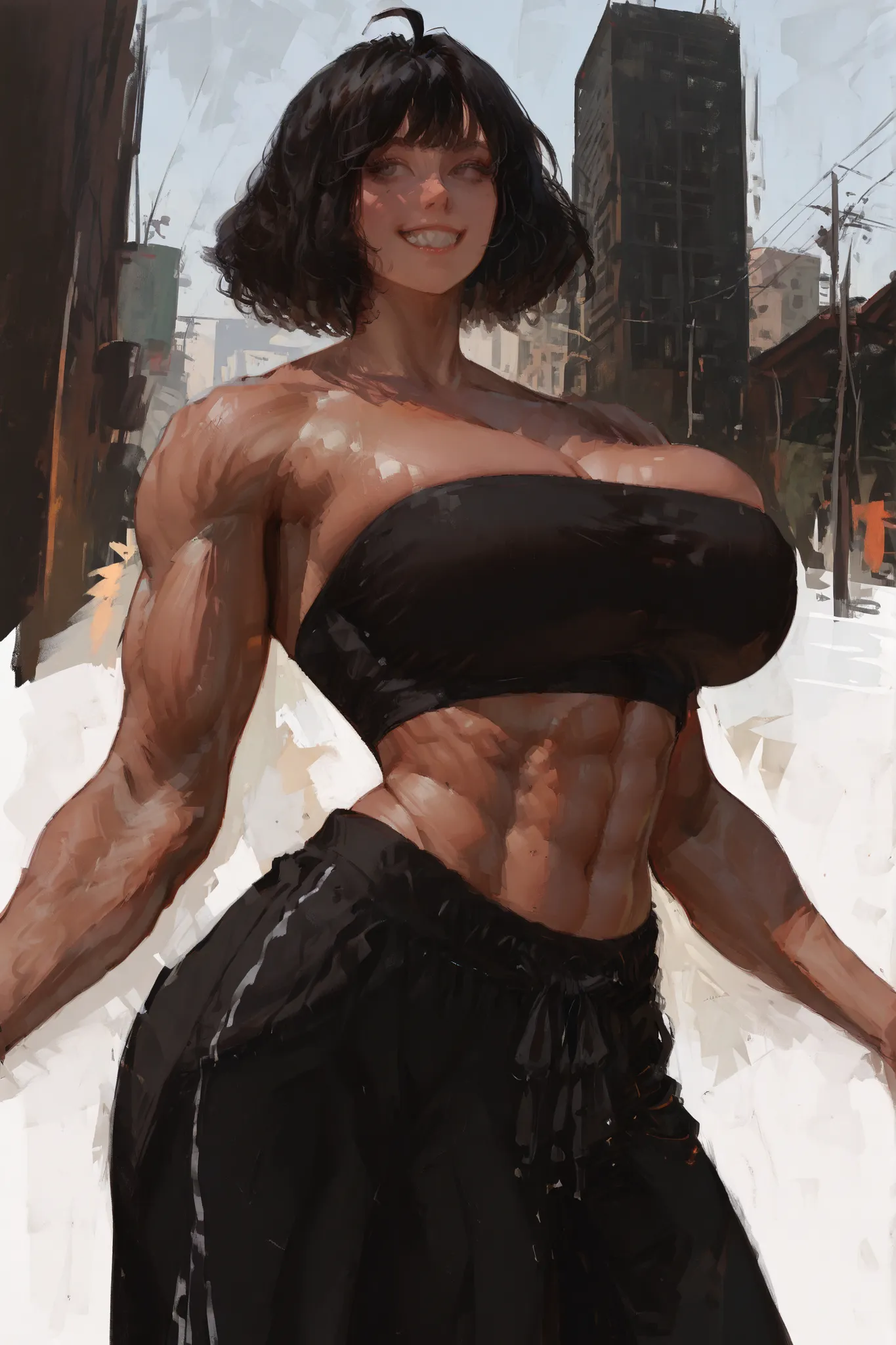 Anime, symmetrical face, solo, {{{face focus}}}, 1girl, city background, intricately detailed, sanpaku, grey eyes, long eyelashes, black hair, short hair, ahoge, wavy hair, relaxed expression, {{{brown skin}}}, muscular body, tall female, muscular female, ...