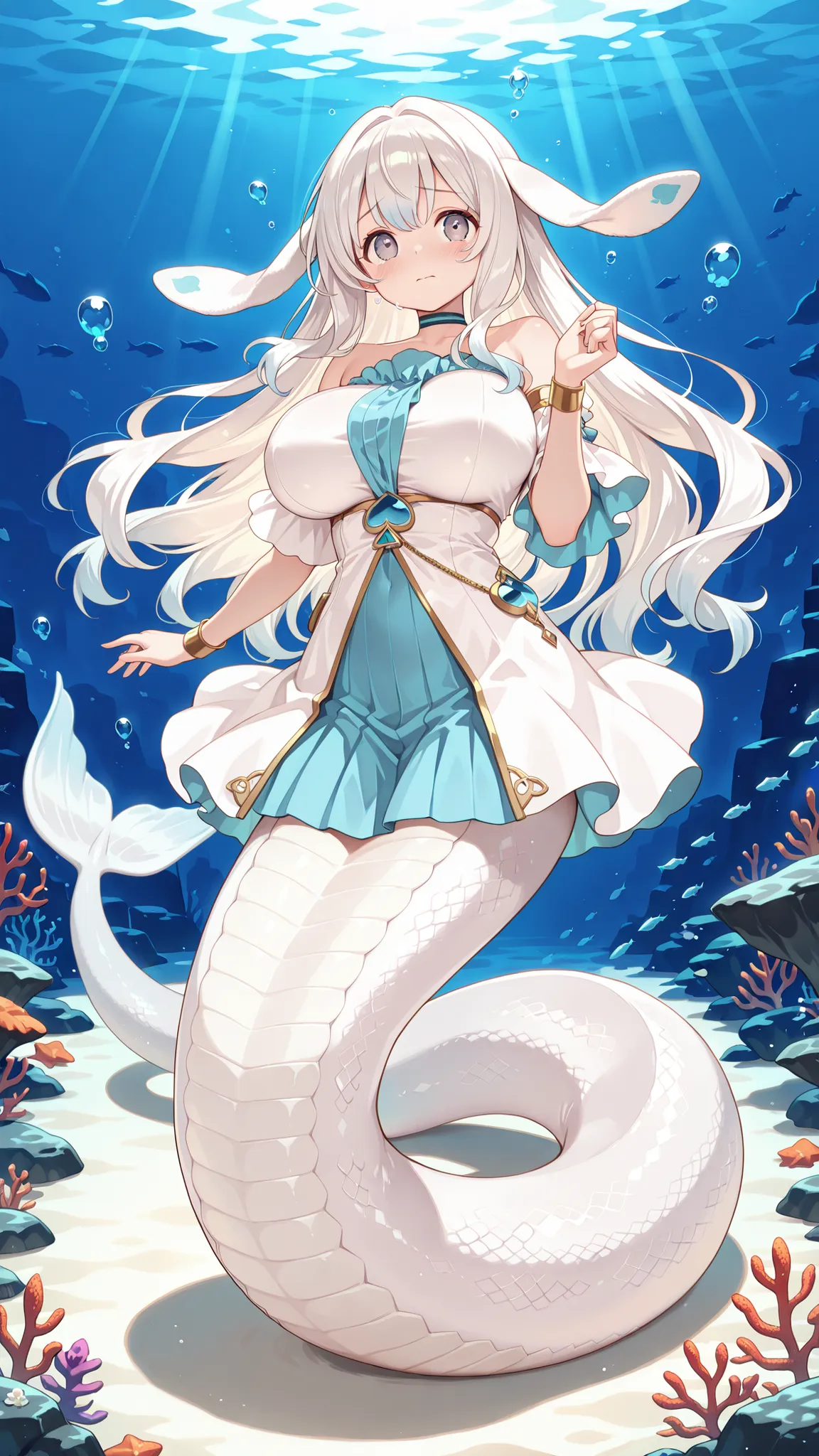 1 female, big boobs, malice pawn march hare, blush,White hair ,Pure White Dress,white shirt,(Underwater:1.2),full body photo,  masterpiece,Up to,high quality,very beautiful,absurd,(  with full five fingers ),Beautiful woman, White Snake Tail,lamia,下半身是 Whi...