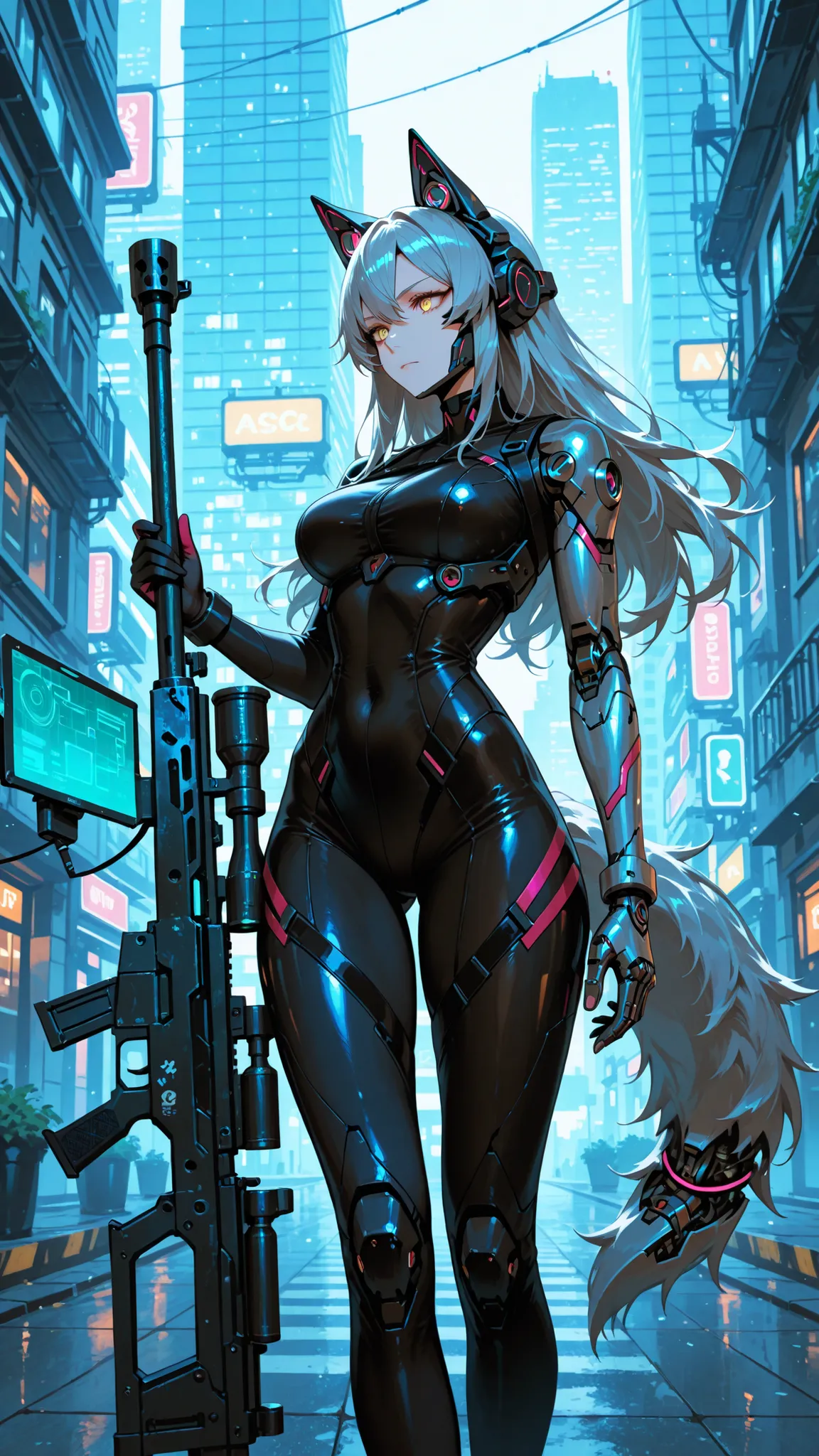 top quality, masterpiece, as pictured, cyborg wolf girl, black tight suit, anti-tank rifle with 2 guns, Attached to the Lower Part, holographic scope, mechanical ears and tail, Future Urban Background