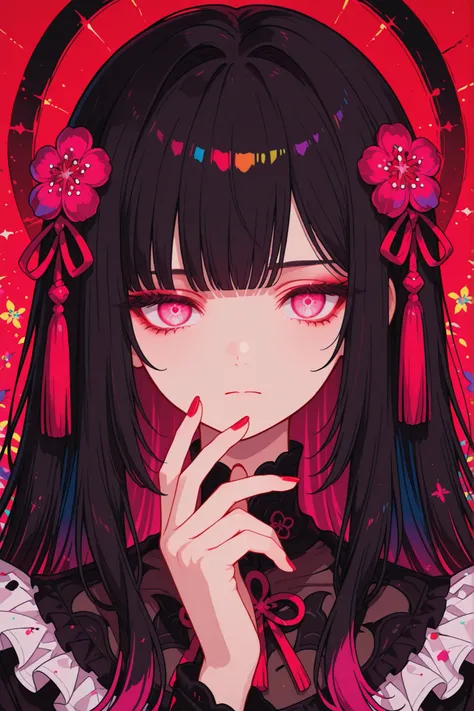 girls, solo, red nails, viewers staring sharply, Bang, pink eyes, long hair, black hair, hair ornament, hand up, Flower, blunt Bang, closed mouth, Tassel, ribbon, portrait, colorful, red background, frills, multi-colored hair, upper body,