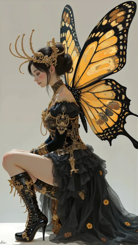 profile 、Profile、Forward-bending position with hands on knees、Women's Carafe Butterfly Costume with Black and Gold Dress, Exquisite and Handsome Feathers , Butterfly Wings, big, Beautifully open wings , Extremely Intricate Feathers !, with big ...