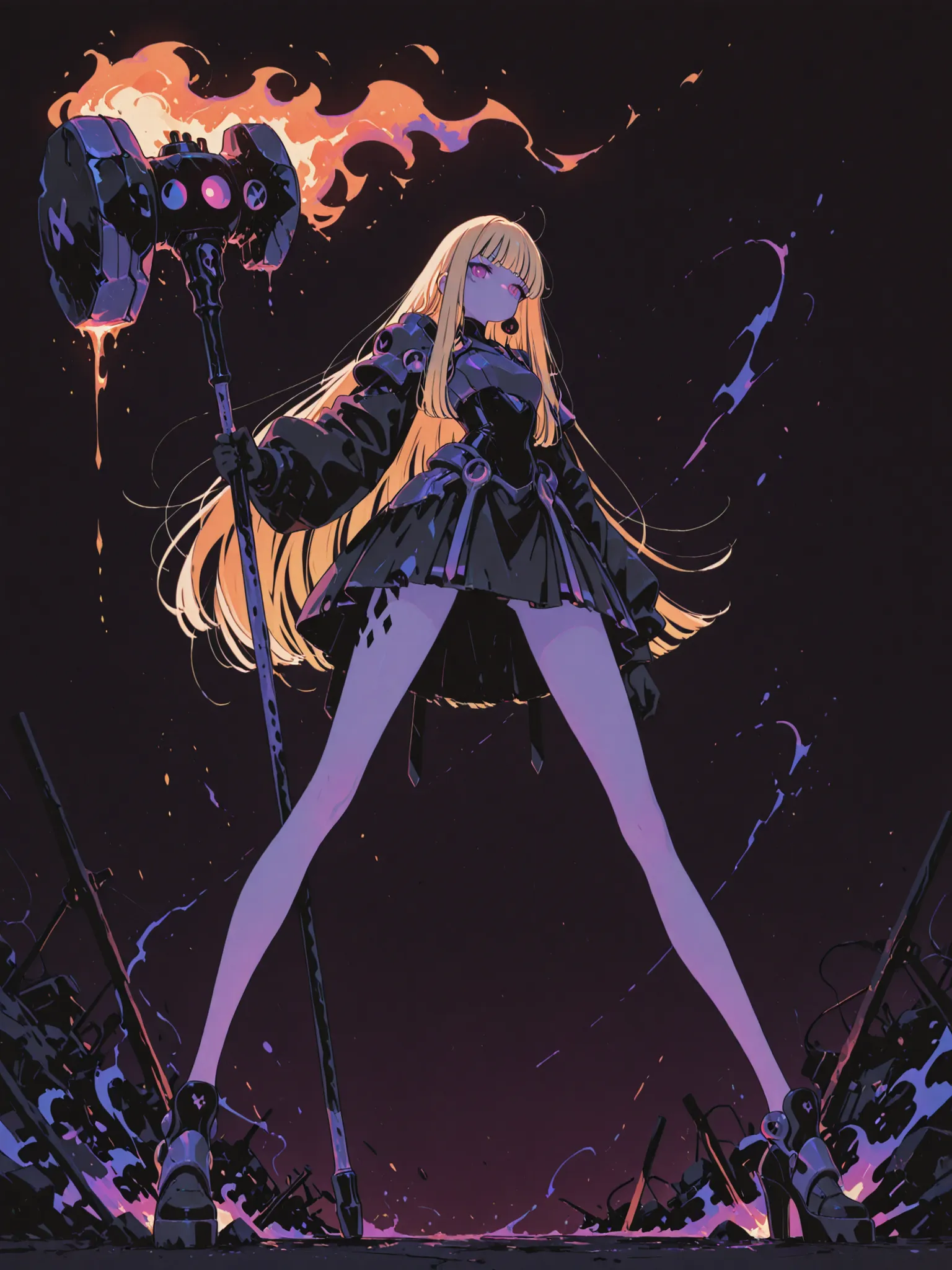 mecha goth girl, very tall, long legs , long blonde hair, dark and violet color in her armor, holding a big hammer on fire. Dynamic pose. dark background