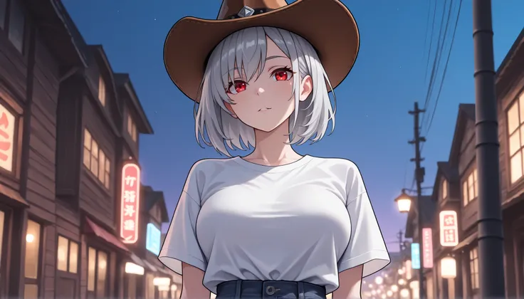 ((solo)), close-up, hair tacking , 素晴らSeems傑作, top quality next to viewers, high fashion, Extremely ridiculous, HDR, Intricate Details, bright colors, very cute face, cowboy hat, white t-shirt, Tight shirt, Distressed Jeans, adult woman, silver gray hair, ...