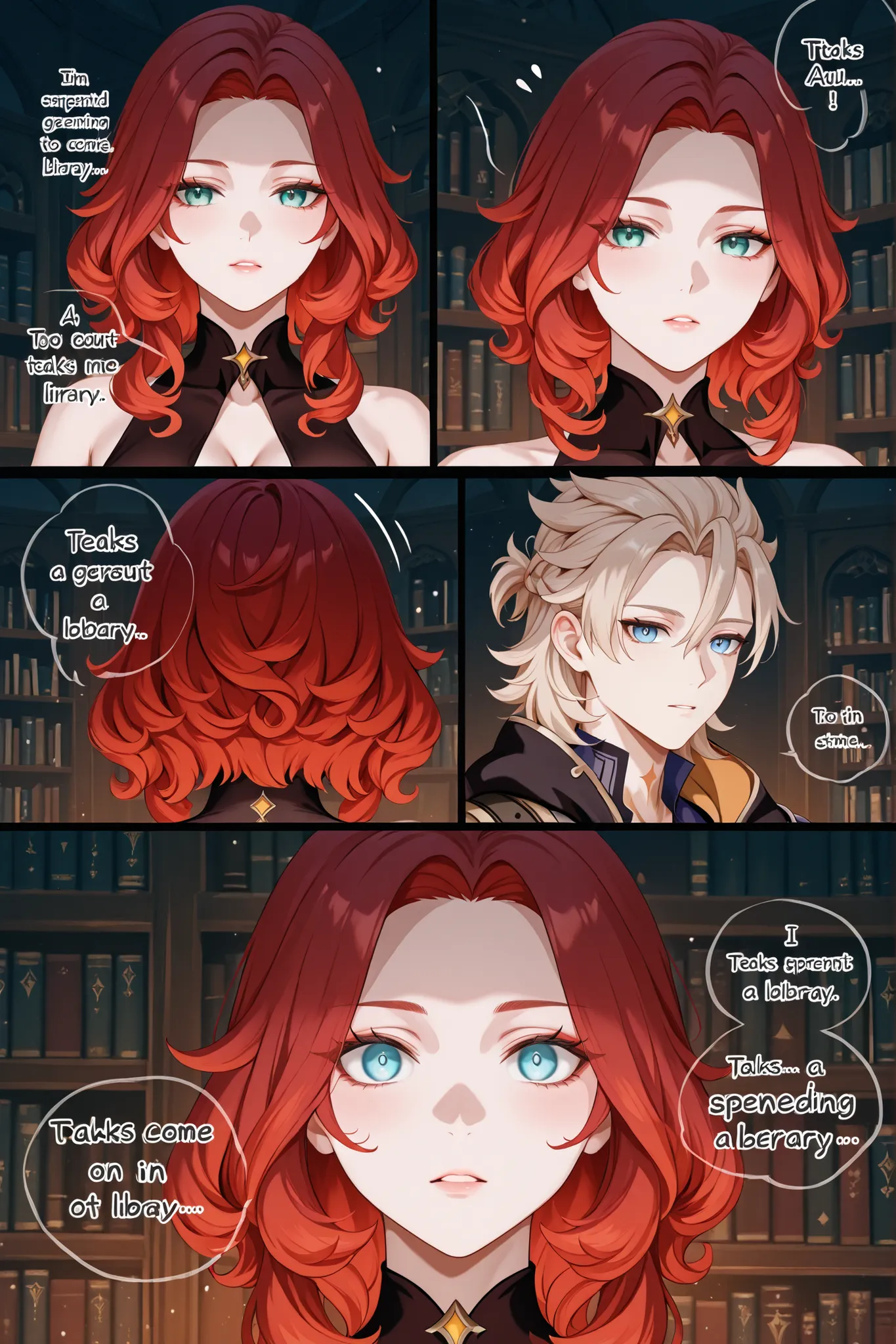 A comic about spending time in a library. A curly-haired, blue-eyed, red-haired woman with a short Marilyn Monroe-style haircut and streaks of hair dyed white at the back of her head, talks to Albedo, a character from Genshin Impact, in a library.