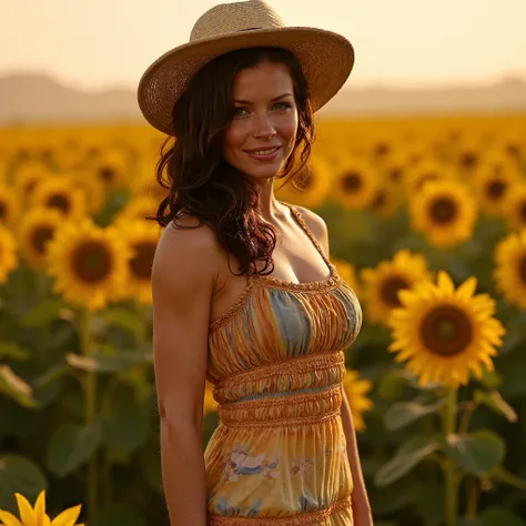 A professional photo of Evangeline Lilly, professional lighting. ((small breasts)), ((curvy hips)), ((thick thigs)), ((thick legs)), (wavy hair). She wears a colorful sundress with deep neckline and straw hat. She is standing in the sunflower field. Dynami...