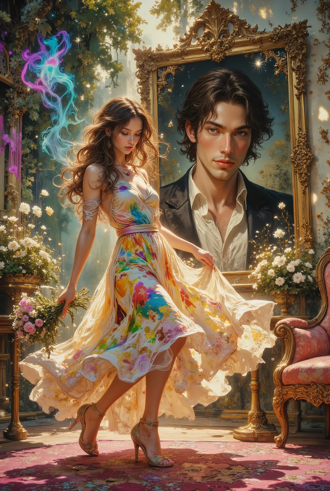 A space with swirling bright colors, A girl in an airy and colorful summer dress, dancing, Portrait of a man in a luxurious atmosphere, Detailed description of the texture, 4k high resolution, Expert Touch, subtle expression of texture, bright summer color...