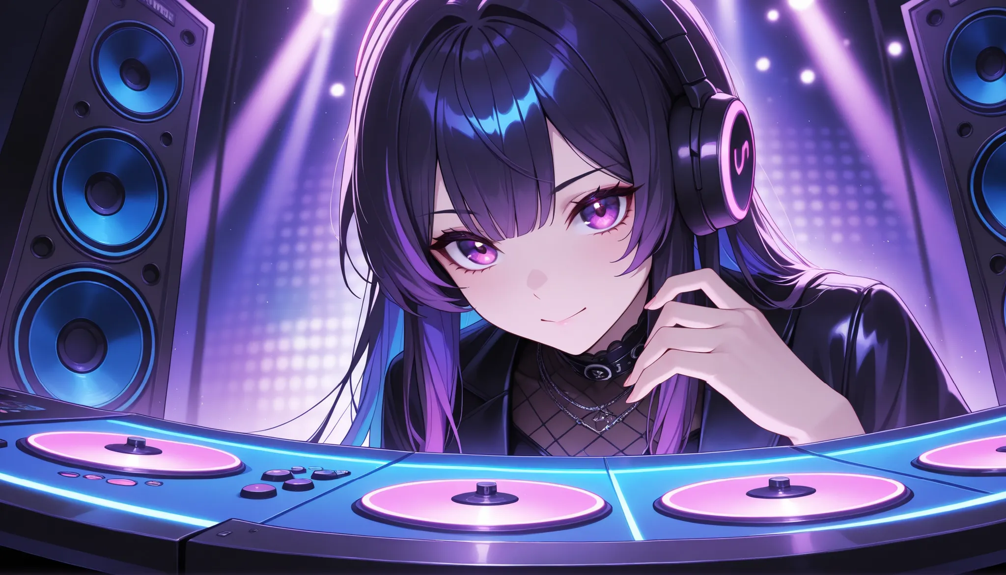 ((solo)), close-up, hair tacking , 素晴らしいmasterpiece, top quality next to viewers, high fashion, Extremely ridiculous, HDR, Intricate Details, bright colors, very cute face, ＤＪ, Virtual Disks, Synchronization,hand up, Various Voices, speaker,  SoundWave , m...