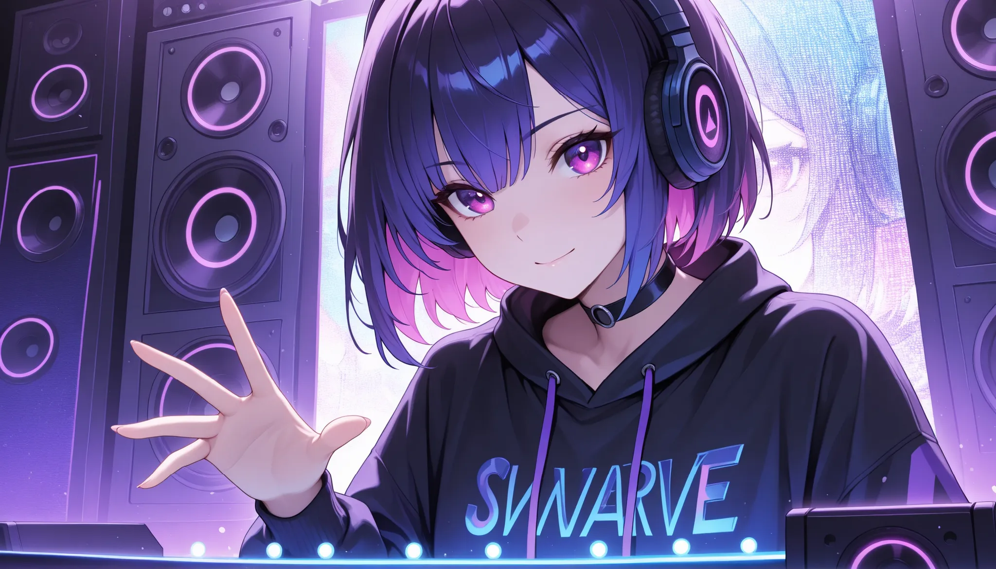 ((solo)), close-up, hair tacking , 素晴らしいmasterpiece, top quality next to viewers, high fashion, Extremely ridiculous, HDR, Intricate Details, bright colors, very cute face, ＤＪ, Virtual Disks, Synchronization,hand up, Various Voices, speaker,  SoundWave , m...