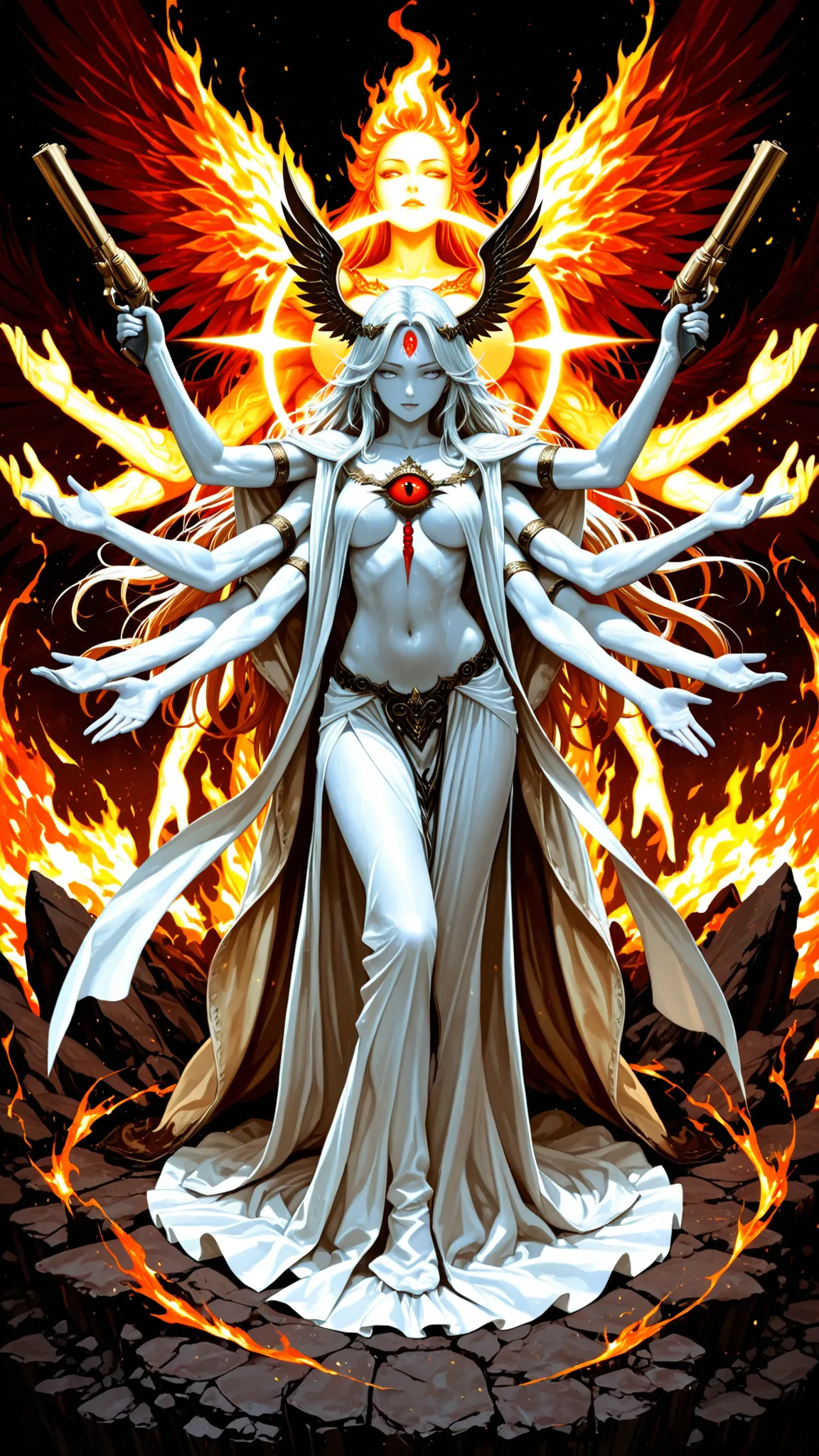 ultimate image quality, Perfect Depiction, Female Meioh, Merciful Expression, Eight Arms , Shining Third Eye, Ample chest, Clear Skin, Sexy Navels, Esoteric Dharma, Majestic Fire Pistol