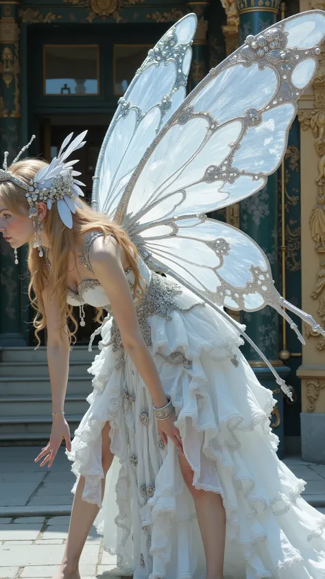 profile 、Profile、Front Bending Position with Hands on the Ground、Carafe Butterfly Costume for Women in White and Silver Dress, Exquisite and Handsome Feathers , Butterfly Wings, big, Beautifully open wings , Extremely Intricate Feathers !, with...