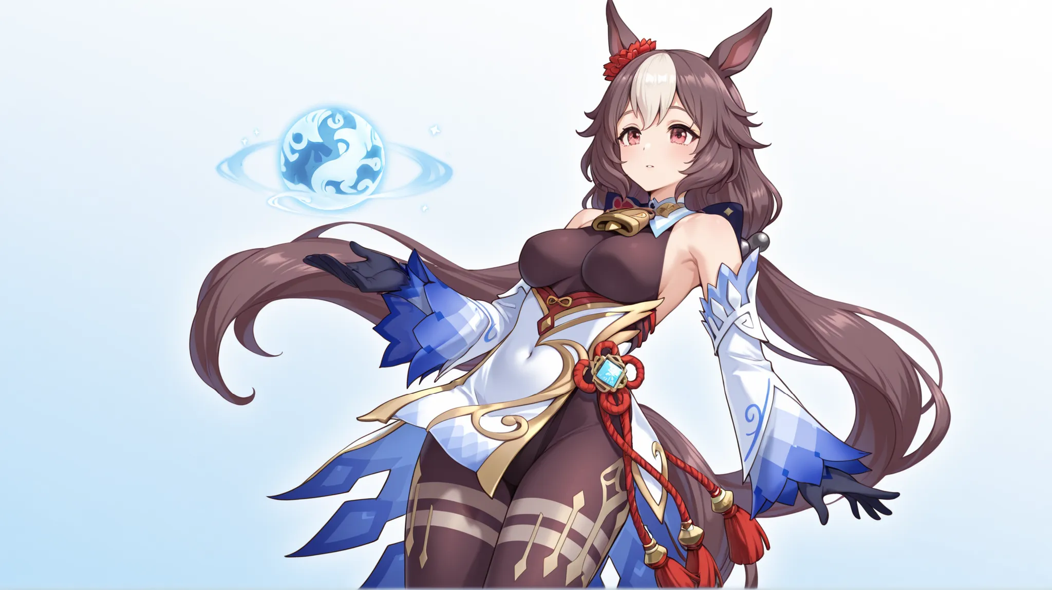 yamanin zephyr（Uma Musume）, Uma Musume, solo, [top quality], [Super beautiful CG], [Highly Detailed CG], [Super Detailed], [CG illustration], [high res], [extremely delicate and beautiful],  very detailed skin, Medium Breasts,  genshin ganyu cosplay, ganyu...
