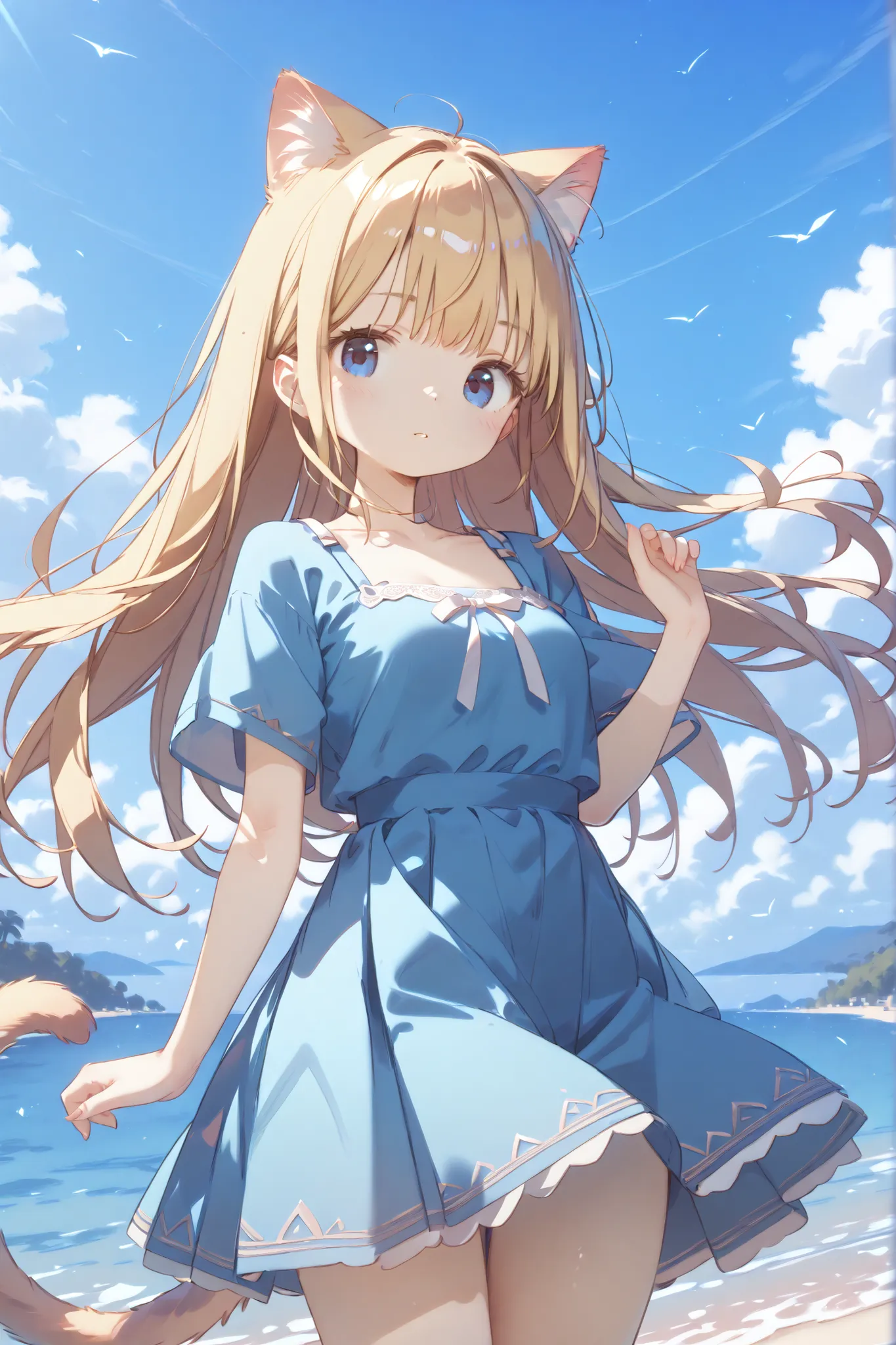 HIGH DEFINITION、High Quality、8k、4k、Horizon、Horizonまで続く草原、Summer sky、Beautiful girl、girl、Cat ears、cat tail、 thin fabric clothes to hold your chest with your hands、summer dress、long hair、Blonde、Blue Eyes、Strong winds、hair fluttering in the wind、Skirt Flutter...