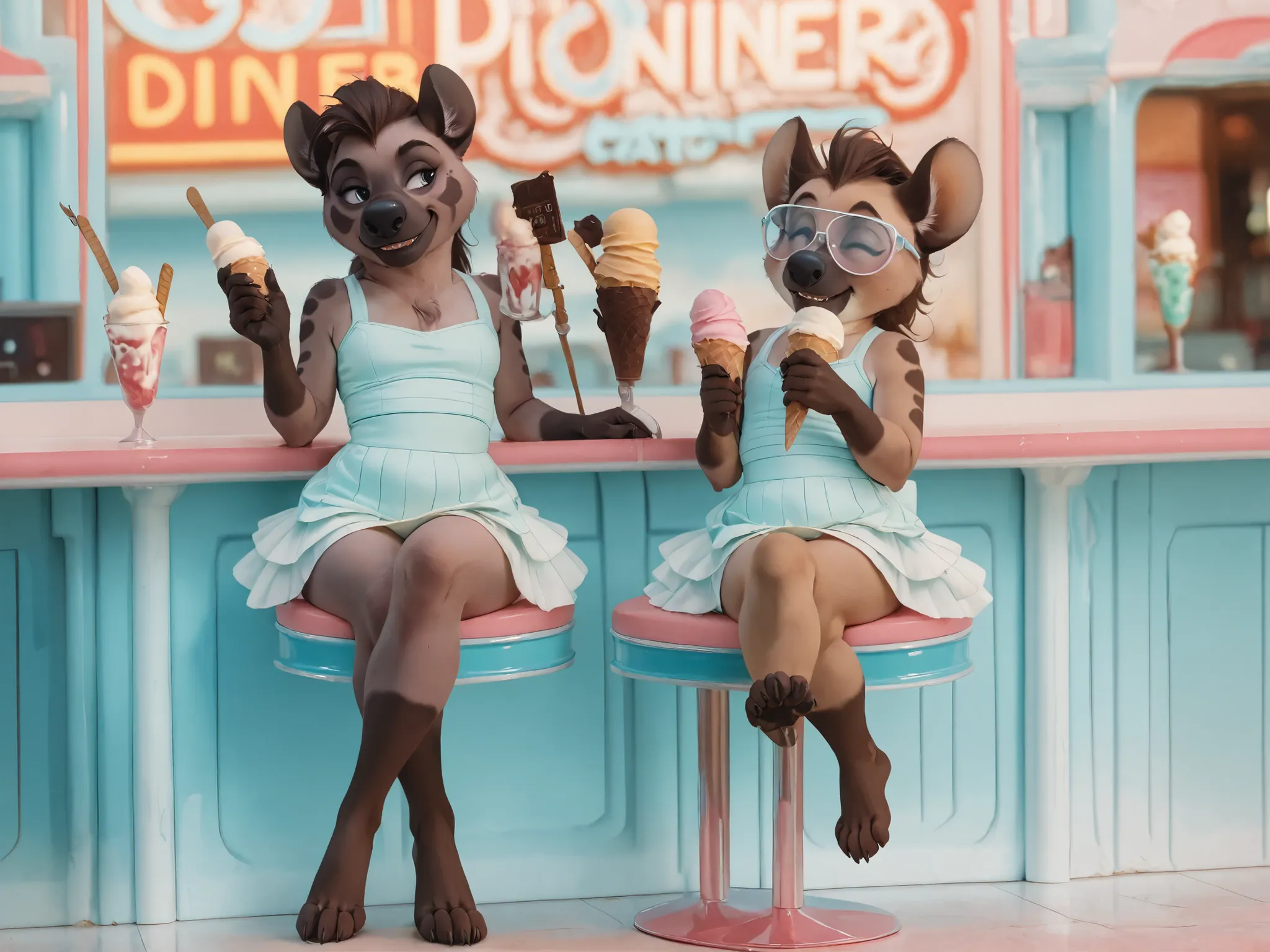 masterpiece, ultra-highres, photography, furry, female, anthro, barefoot, full body, plantigrade, 2girl, duo, sisters, ((Jasiri)), ((young hyena)), ((ruffled summer skirt)), ((ice cream parlor date)), ((sitting at vintage counter)), ((cheerful expression))...