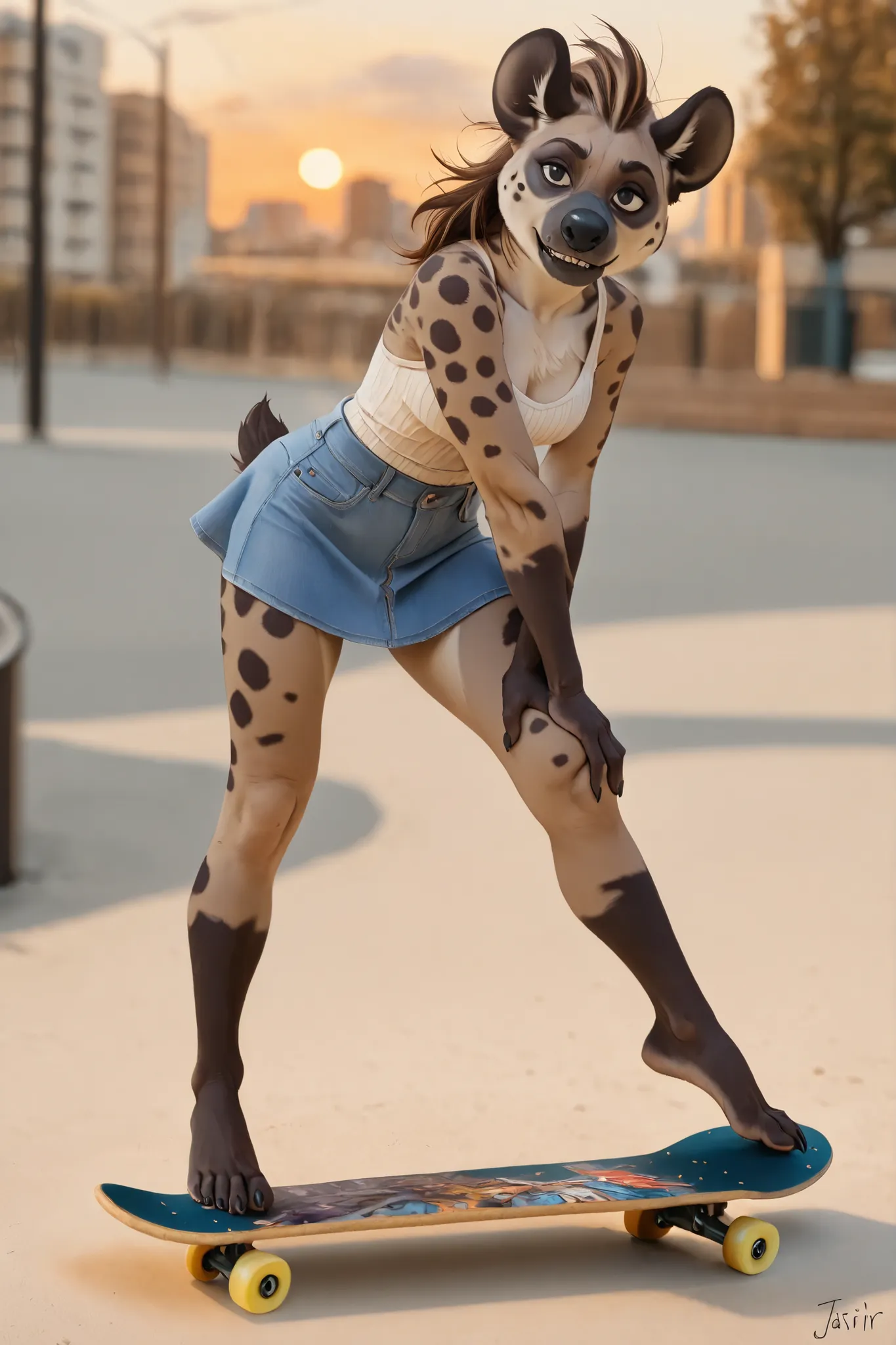 masterpiece, ultra-highres, photography, furry, female, anthro, 1girl, solo, barefoot, full body, plantigrade, best quality, ultra-detailed, 8k wallpaper, ((Jasiri)), ((spotted hyena)), ((denim mini skirt)), ((casual summer style)), ((skateboarding)), ((co...