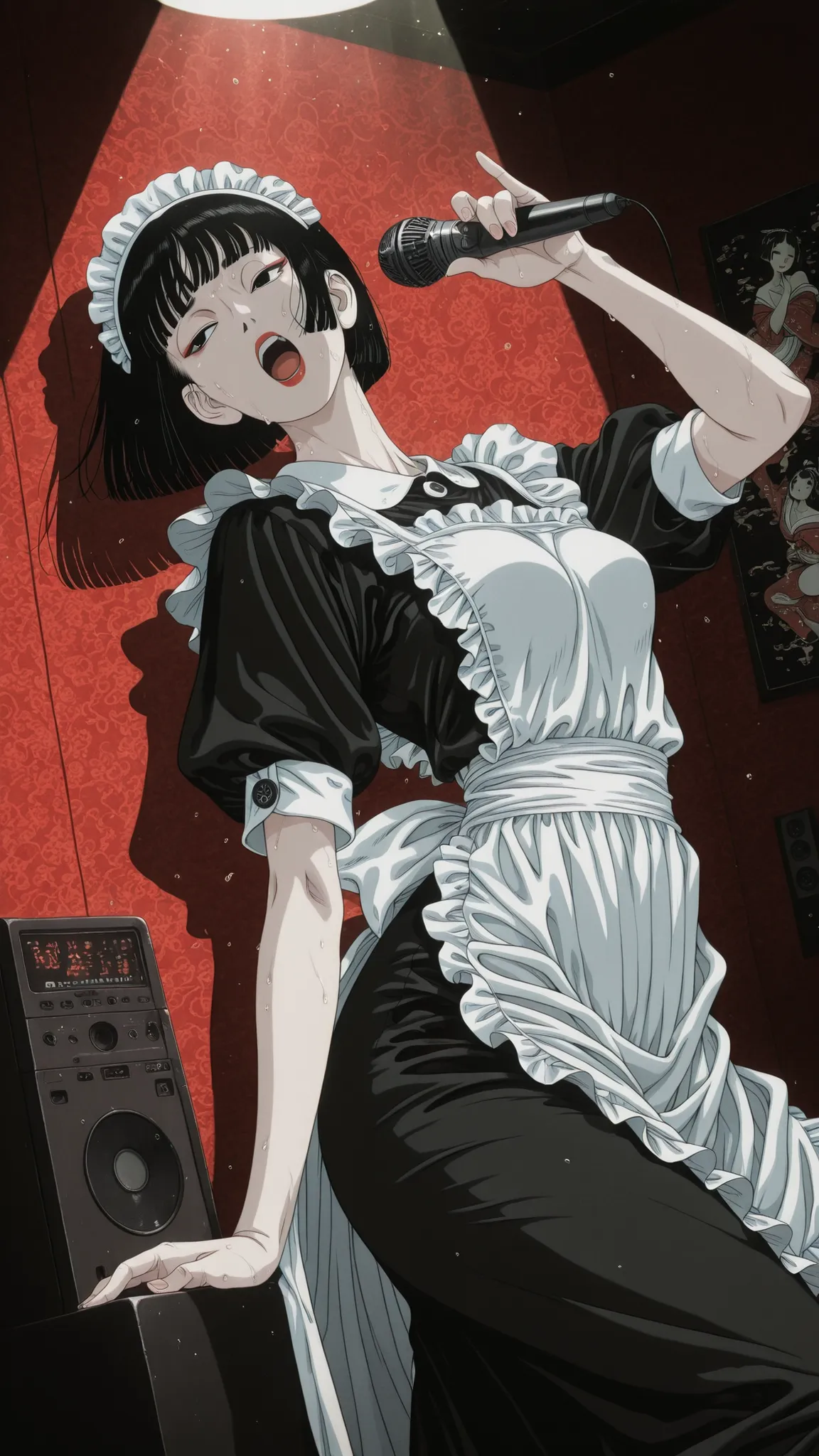 ukiyoe,one woman、solo,Maya Hell,black eyes,dark hair,bob cut,Maid Outfit、White Apron、White Headdress、dancing and Singing passionately、microphone,sweat,Spotlight、in karaoke box,red japanese pattern wall,dynamic pose ,dynamic angle,jptradartnbai artstyle,dar...
