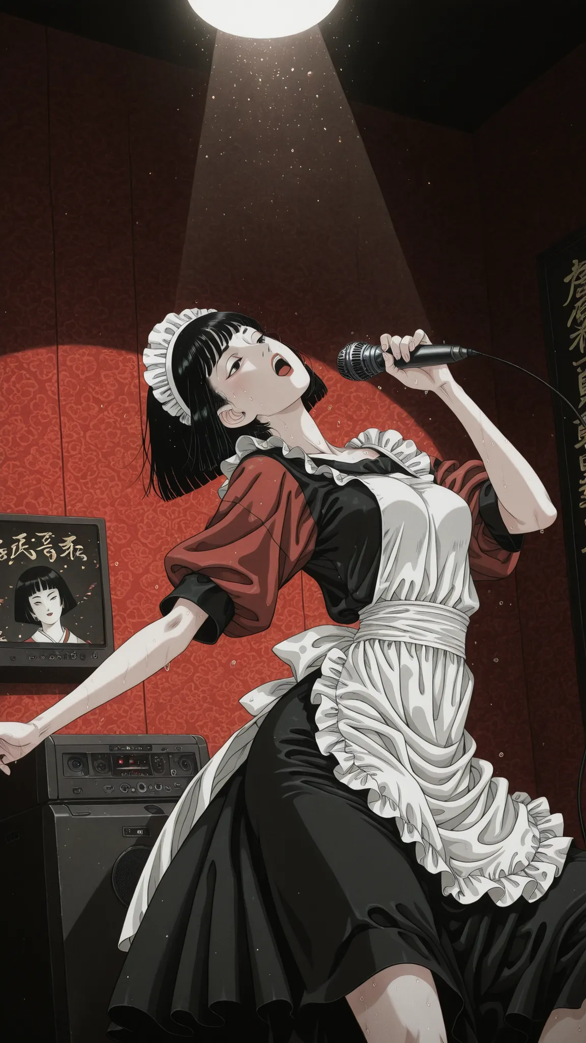 ukiyoe,one woman、solo,Maya Hell,black eyes,dark hair,bob cut,Maid Outfit、White Apron、White Headdress、dancing and Singing passionately、microphone,sweat,Spotlight、in karaoke box,red japanese pattern wall,dynamic pose ,dynamic angle,jptradartnbai artstyle,dar...