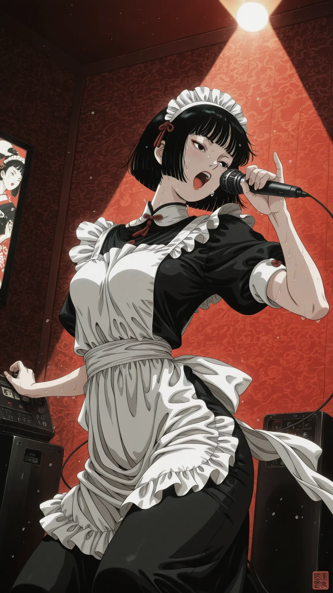 ,ukiyoe,one woman、solo,Maya Hell,black eyes,dark hair,bob cut,Maid Outfit、White Apron、White Headdress、Singing passionately、microphone,sweat,Spotlight、in karaoke box,red japanese pattern wall,dynamic pose ,dynamic angle,jptradartnbai artstyle,dark_art_style...