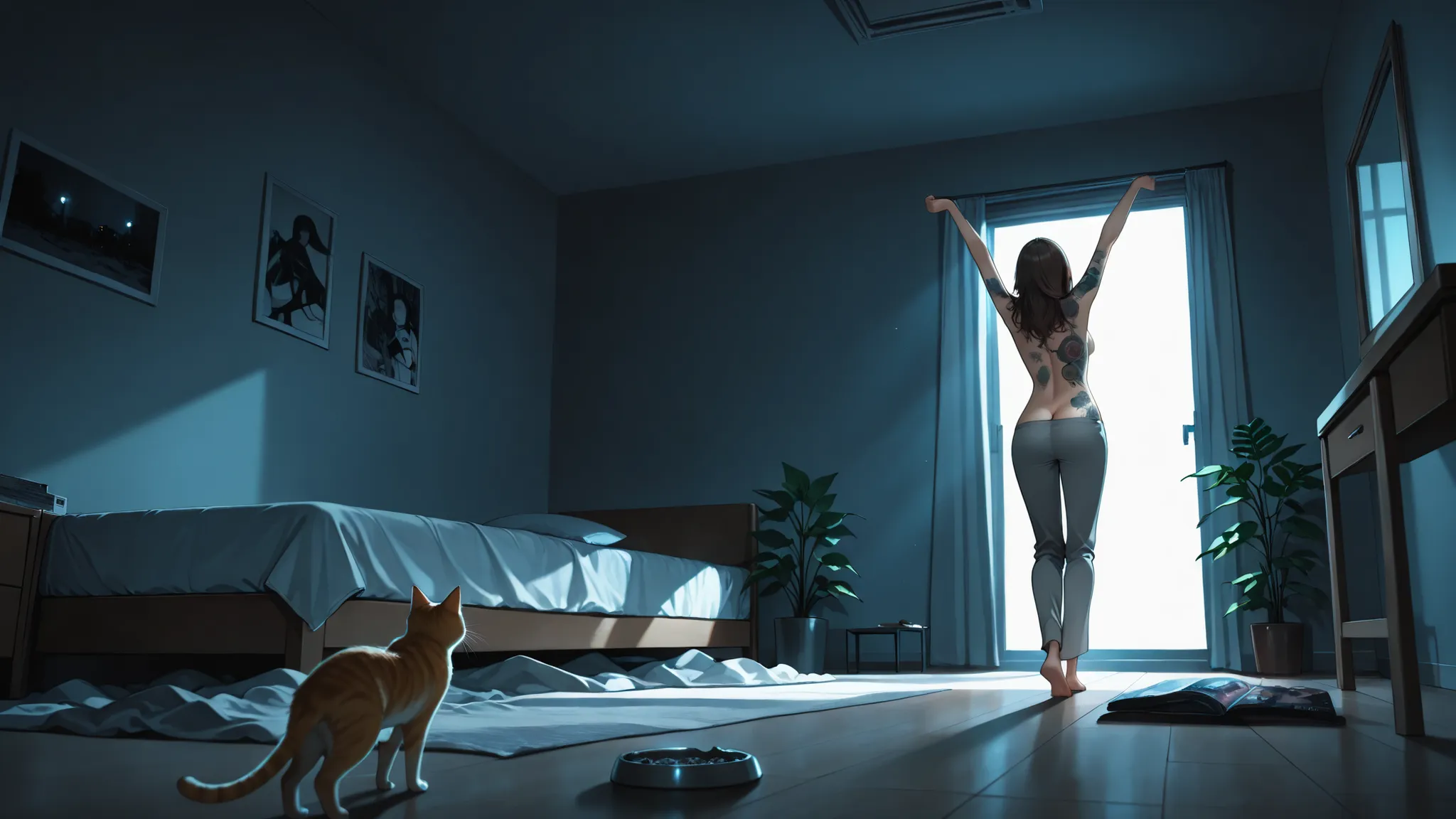semi-realistic,top quality,A room on the 2nd floor of an apartment where the morning sun shines in,(dark room:1.4),(Backlight:1.3),Dilapidated apartment,(A simply furnished room,underwear and clothes and magazines scattered on the floor),Single pipe bed,ki...