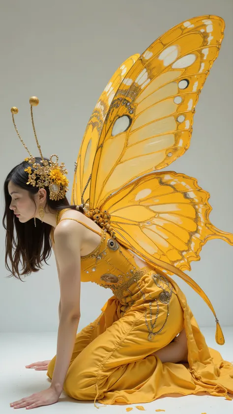 profile 、Profile、Front Bending Position with Hands on the Ground、yellow jersey women's carafe butterfly costume, Exquisite and Handsome Feathers , Butterfly Wings, big, Beautifully open wings , Extremely Intricate Feathers !, with big wings , ...