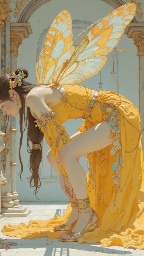 profile 、Profile、Front Bending Position with Hands on the Ground、yellow jersey women's carafe butterfly costume, Exquisite and Handsome Feathers , Butterfly Wings, big, Beautifully open wings , Extremely Intricate Feathers !, with big wings , ...