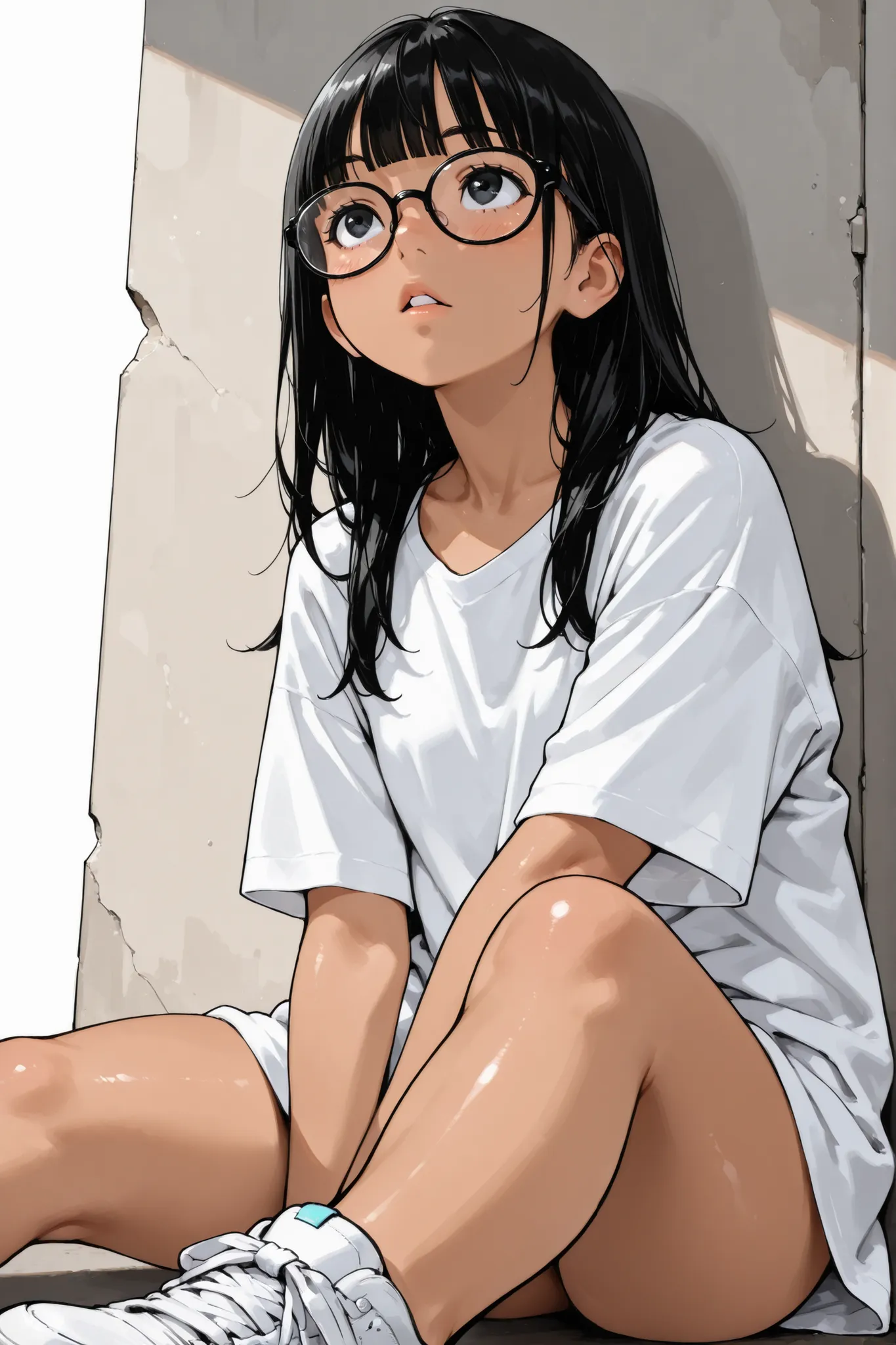 1girl,Super Detailed,absolute resolution,(dynamic angles),(tanned skin:0.3),portrait,((pinup)),
[from side],worm’s-eye view,sitting,Leaning on wall,(leg stretched out),[[[looking up]]],
((naked oversized white long T-shirt)),white sneakers,
detailed and be...