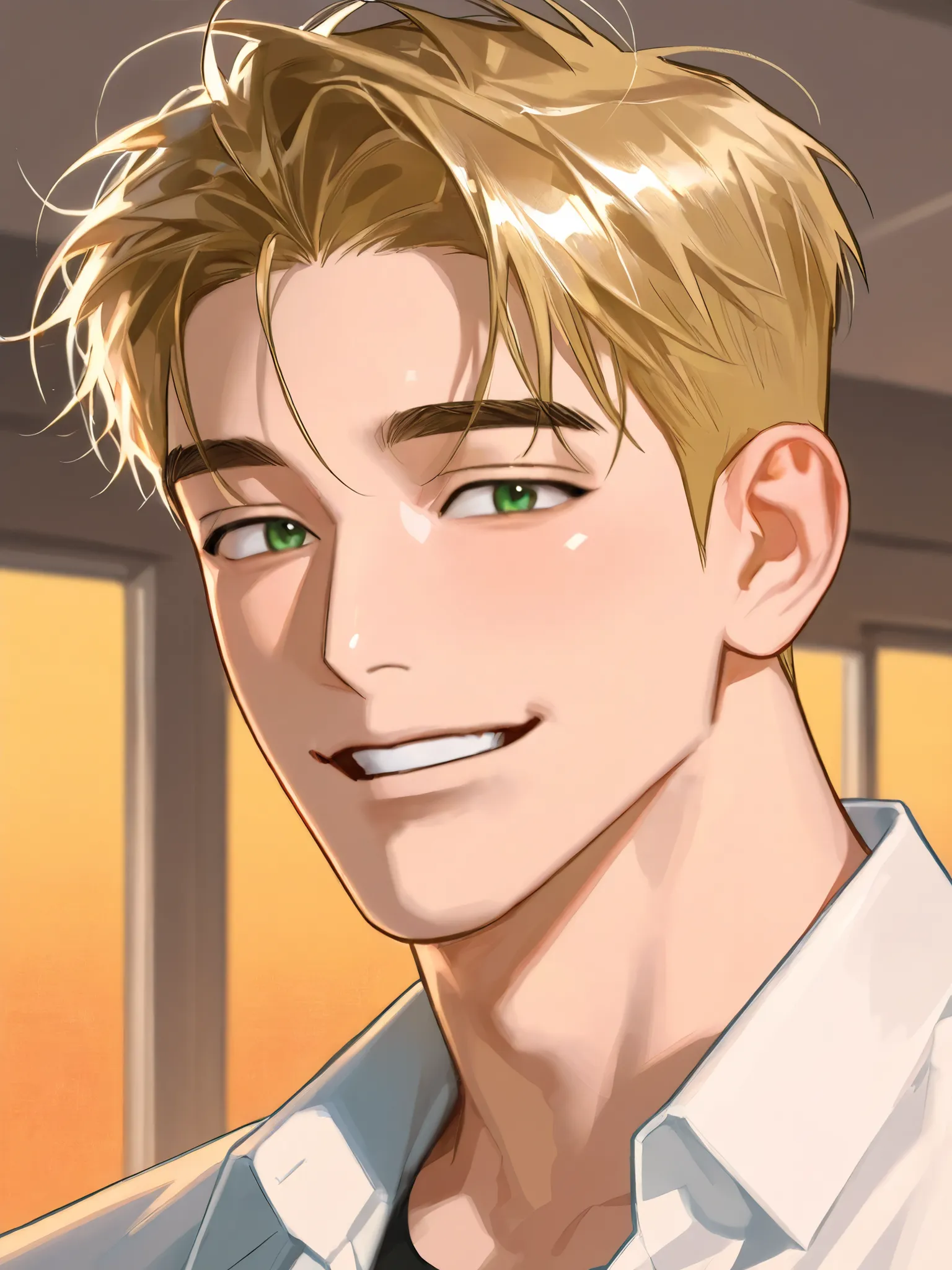 A Korean handsome boy ， adult man， golden short hair ，Green eyes，brilliant smile，Scenes by the sea， Sunshine Falls