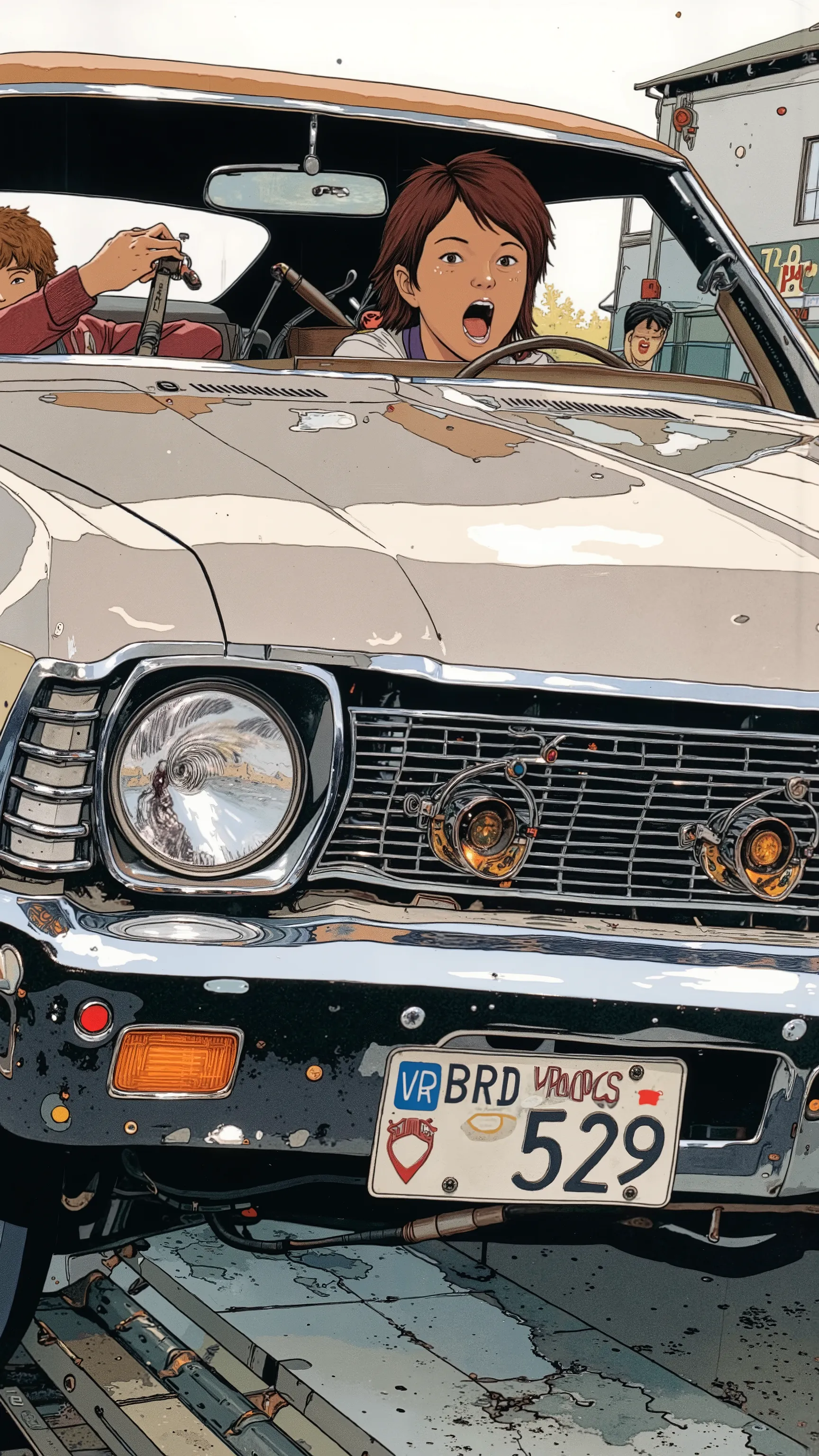Sleek Design, Equipment, is reminiscent of the Chevrolet Chevelle SS, of fog lights. car, sense of speed on that front grille, fog lights depicts, Strong presence. Manga-specific, The vintage Chevrolet Chevelle SS , expresses the thrill and anxiety, chrome...