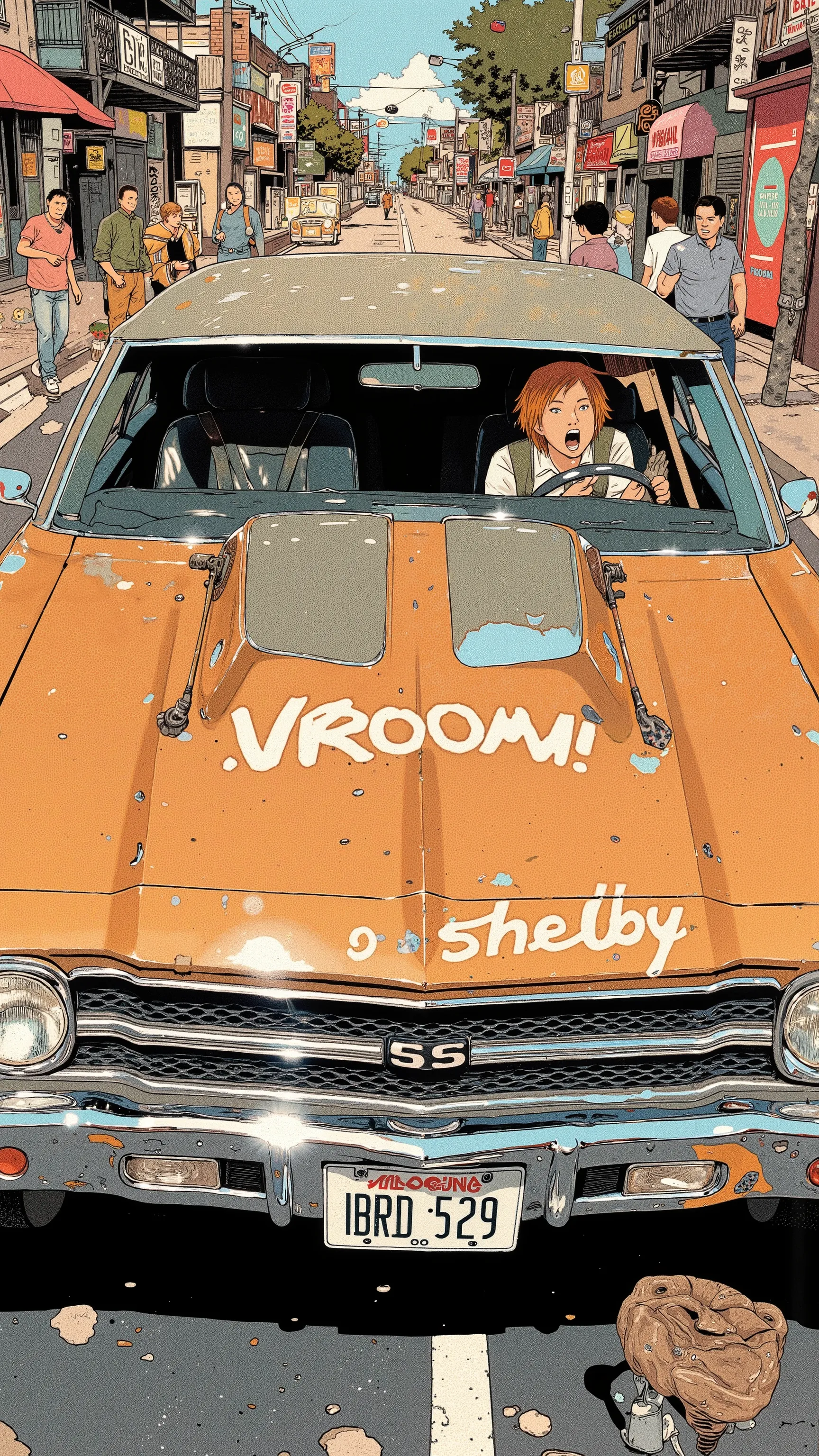 Sleek Design, Equipment, is reminiscent of the Chevrolet Chevelle SS, of fog lights. car, sense of speed on that front grille, fog lights depicts, Strong presence. Manga-specific, The vintage Chevrolet Chevelle SS , expresses the thrill and anxiety, chrome...