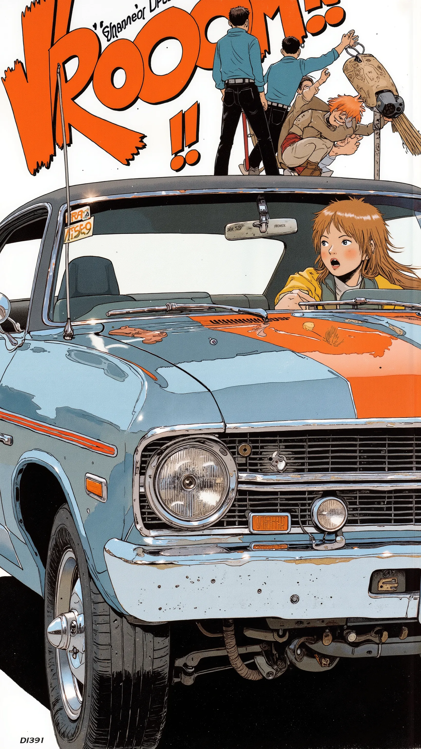 Sleek Design, Equipment, is reminiscent of the Chevrolet Chevelle SS, of fog lights. car, sense of speed on that front grille, fog lights depicts, Strong presence. Manga-specific, The vintage Chevrolet Chevelle SS , expresses the thrill and anxiety, chrome...