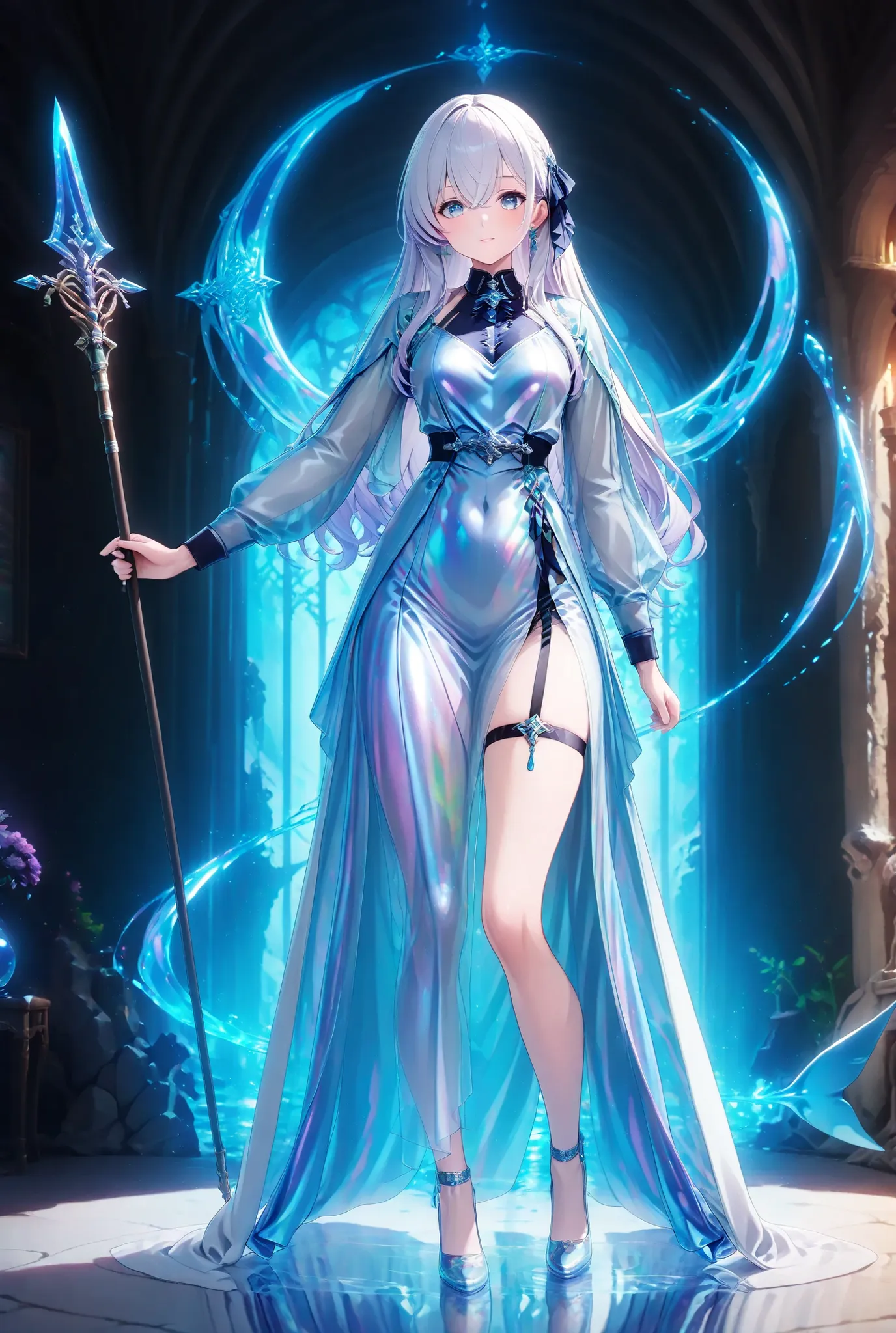 Sensual dolphin core, Full Body, ボディラインをemphasizeしたアニメのホログラフィックスーツ, iridescent armor、Partially transparent, stick to the other side, 
undersea cave background, The background of the mysterious dungeon is adorned with art, --niji6
[SDXL ARW Scramble Wonder ...