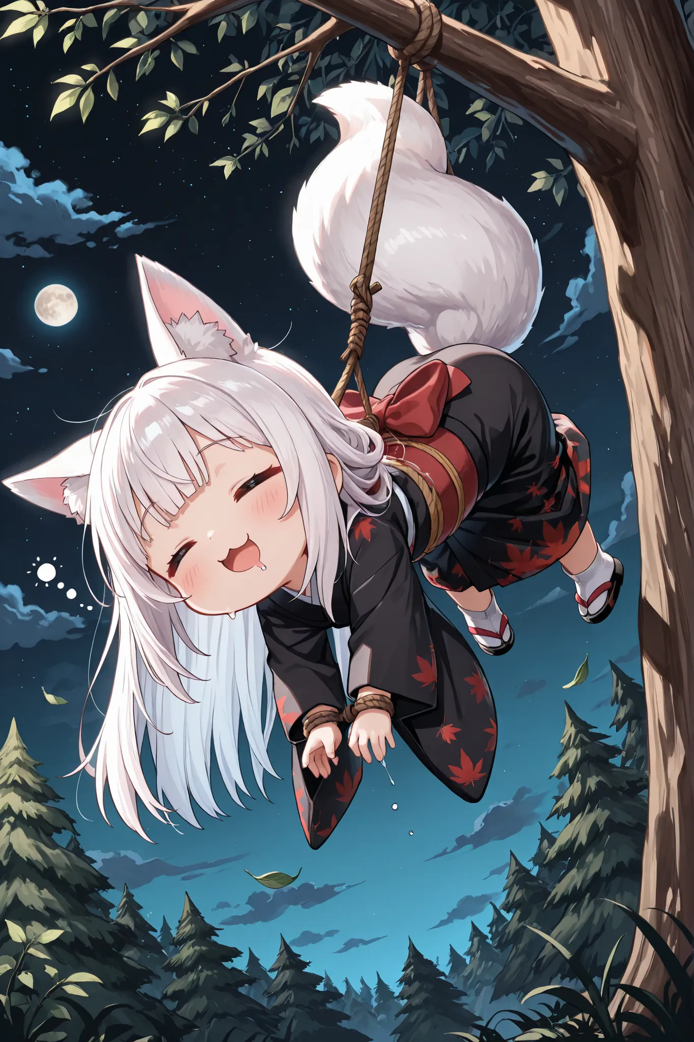 ((Masterpiece)),((best quality)),((incredibly absurdres)),((8K)),(anime style),
(1 chibi girl),((Deformed chibi)),solo,white hair,long hair,straight hair,baby face,cute,kawaii,BREAK (white fox ears,white fox tail),white ear hair,pink inner ear, 
a chibi we...