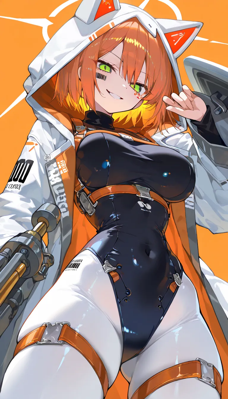 (beautiful girl : 1.3),1 girl,(hood with cat ears,mechanical leotard,turtleneck,white leggings,Robe,belt,Harness, beam shield,Large sickle machine limbs),Orange Hair,short hair,Smile Yan,reckless attitude,evil expression,provocative attitude,Keen Eyes,barcode tattoo on cheek,simple color background,dynamic angle,masterpiece,top quality,Rich Contrasts,HIGH DEFINITION,8k,high definition CG unit wallpaper,Textures,Incredibly Absurd,RAW pictures,Deep Border 1 .2,very detailed