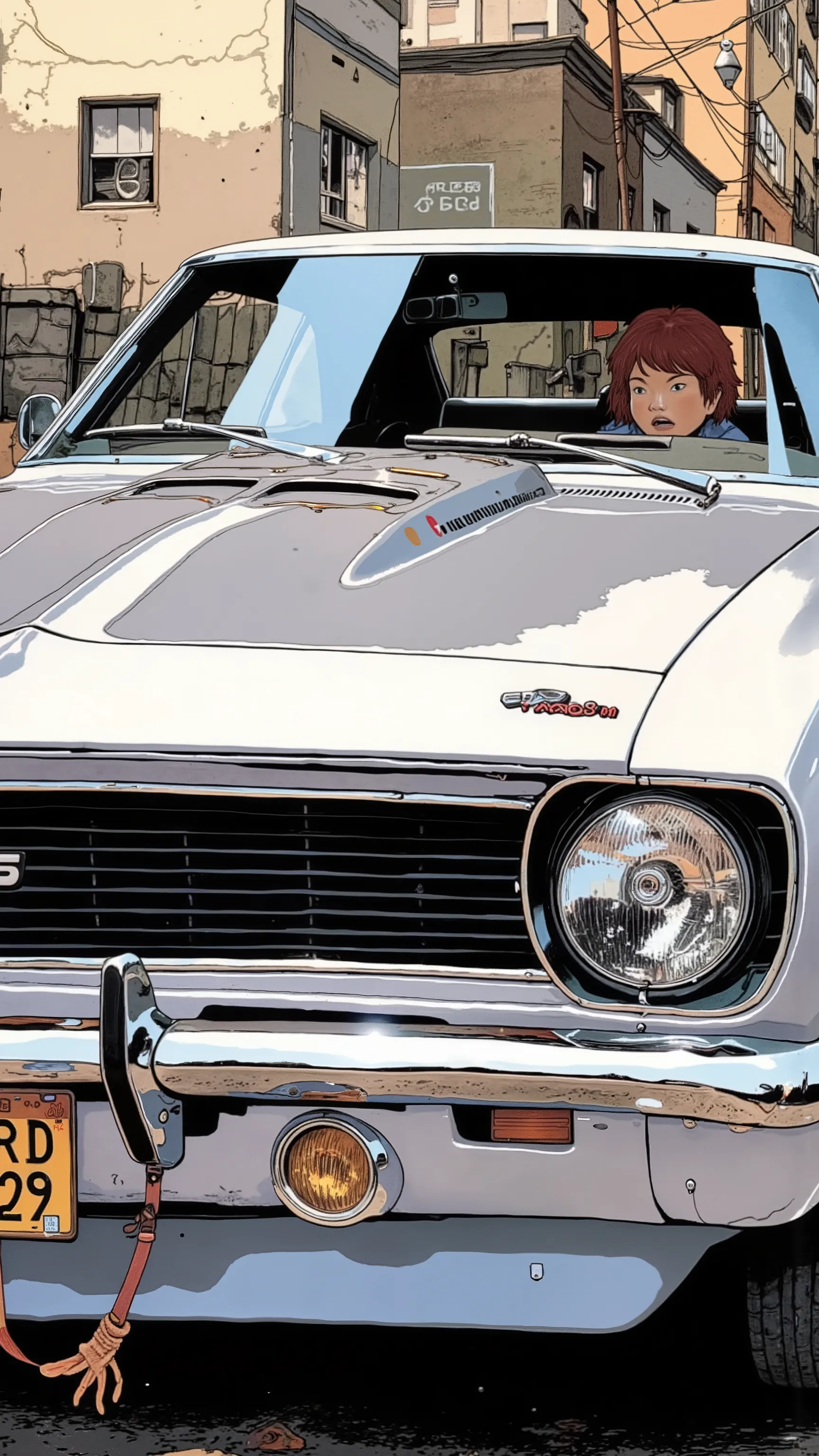 Sleek Design, Equipment, is reminiscent of the Chevrolet Camaro RS, of fog lights. car, sense of speed on that front grille, fog lights depicts, Strong presence. Manga-specific, Vintage Chevrolet Camaro RS, expresses the thrill and anxiety, chrome decorati...
