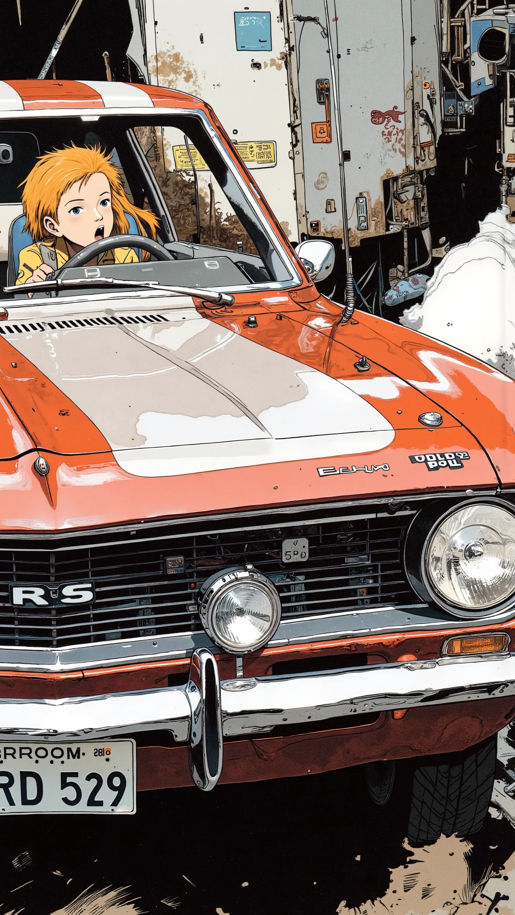 Sleek Design, Equipment, is reminiscent of the Chevrolet Camaro RS, of fog lights. car, sense of speed on that front grille, fog lights depicts, Strong presence. Manga-specific, Vintage Chevrolet Camaro RS, expresses the thrill and anxiety, chrome decorati...