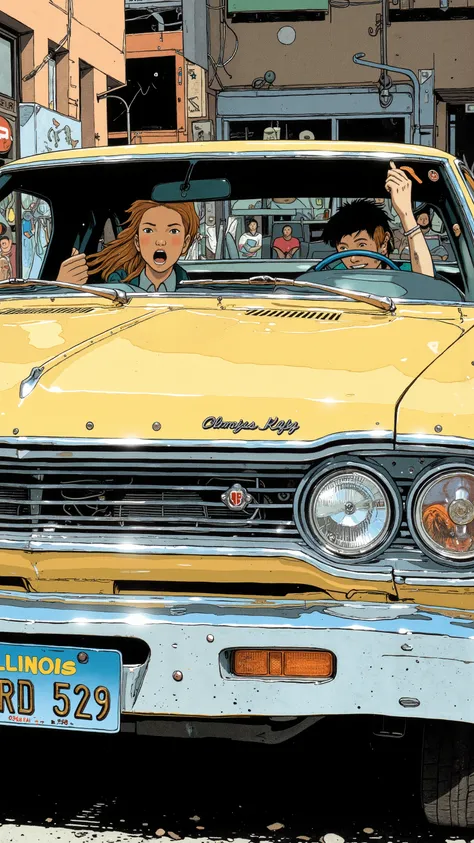 Sleek Design, Equipment, Reminiscent of the Plymouth GTX, of fog lights. car, sense of speed on that front grille, fog lights depicts, Strong presence. Manga-specific, Vintage Plymouth GTX、 expresses the thrill and anxiety, chrome decoration, クラシックな自動carデザ...