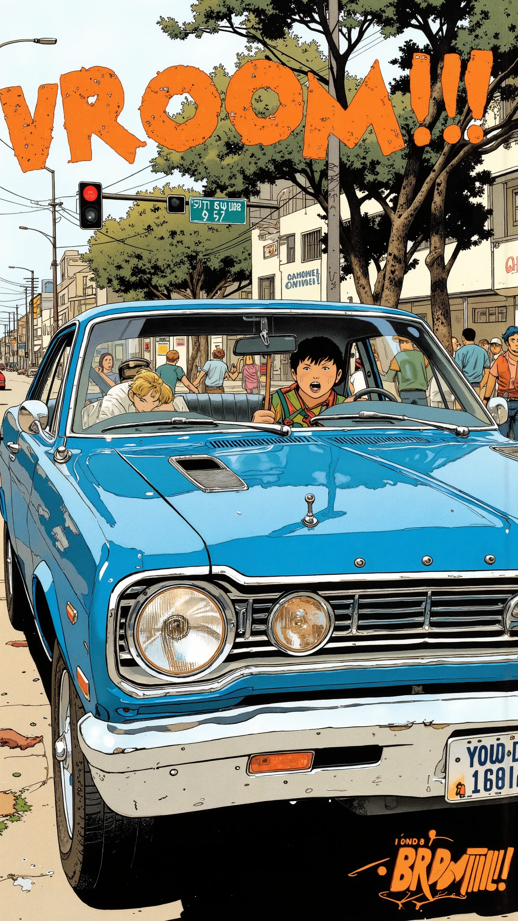 Sleek Design, Equipment, Reminiscent of the Plymouth GTX, of fog lights. car, sense of speed on that front grille, fog lights depicts, Strong presence. Manga-specific, Vintage Plymouth GTX、 expresses the thrill and anxiety, chrome decoration, クラシックな自動carデザ...
