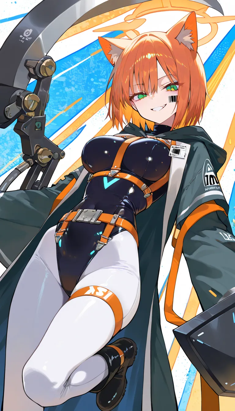 (beautiful girl : 1.3),1 girl,(hood with cat ears,mechanical leotard,turtleneck,white leggings,Robe,belt,Harness, beam shield,Large sickle machine limbs,boots),Orange Hair,short hair,Smile Yan,reckless attitude,evil expression,provocative attitude,Keen Eyes,barcode tattoo on cheek,simple color background,dynamic angle,masterpiece,top quality,Rich Contrasts,HIGH DEFINITION,8k,high definition CG unit wallpaper,Textures,Incredibly Absurd,RAW pictures,Deep Border 1 .2,very detailed