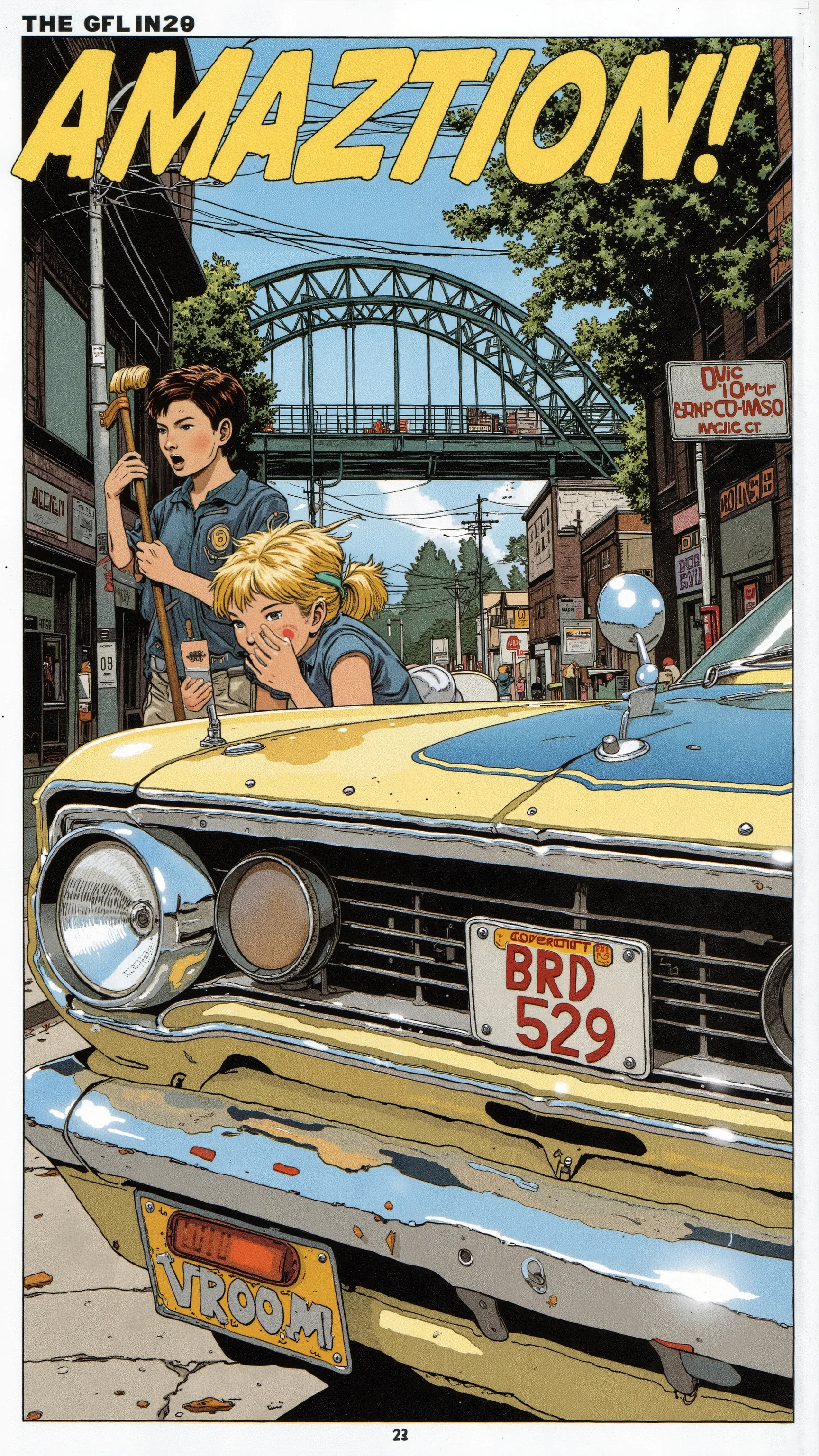 Sleek Design, Equipment, Reminiscent of the Plymouth GTX, of fog lights. car, sense of speed on that front grille, fog lights depicts, Strong presence. Manga-specific, Vintage Plymouth GTX、 expresses the thrill and anxiety, chrome decoration, クラシックな自動carデザ...